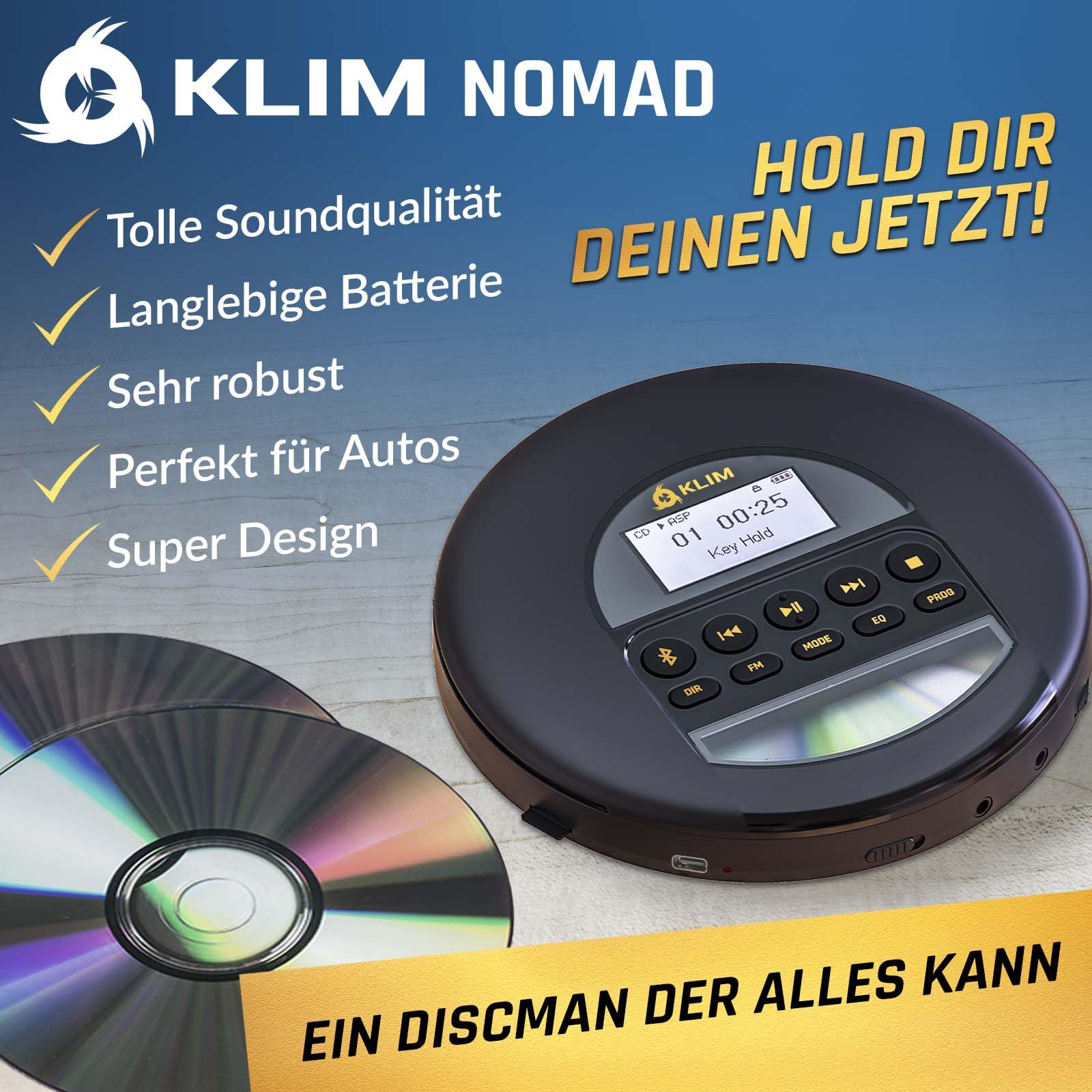 KLIM Nomad CD Player Bluetooth - Tragbarer CD-Player Discman mit langlebigem Akku - Inklusive Kopfhörer - CD-R, CD-RW, MP3 - Mit TF-Reader, Radio FM - Ideal für Autos - Portable Diskman