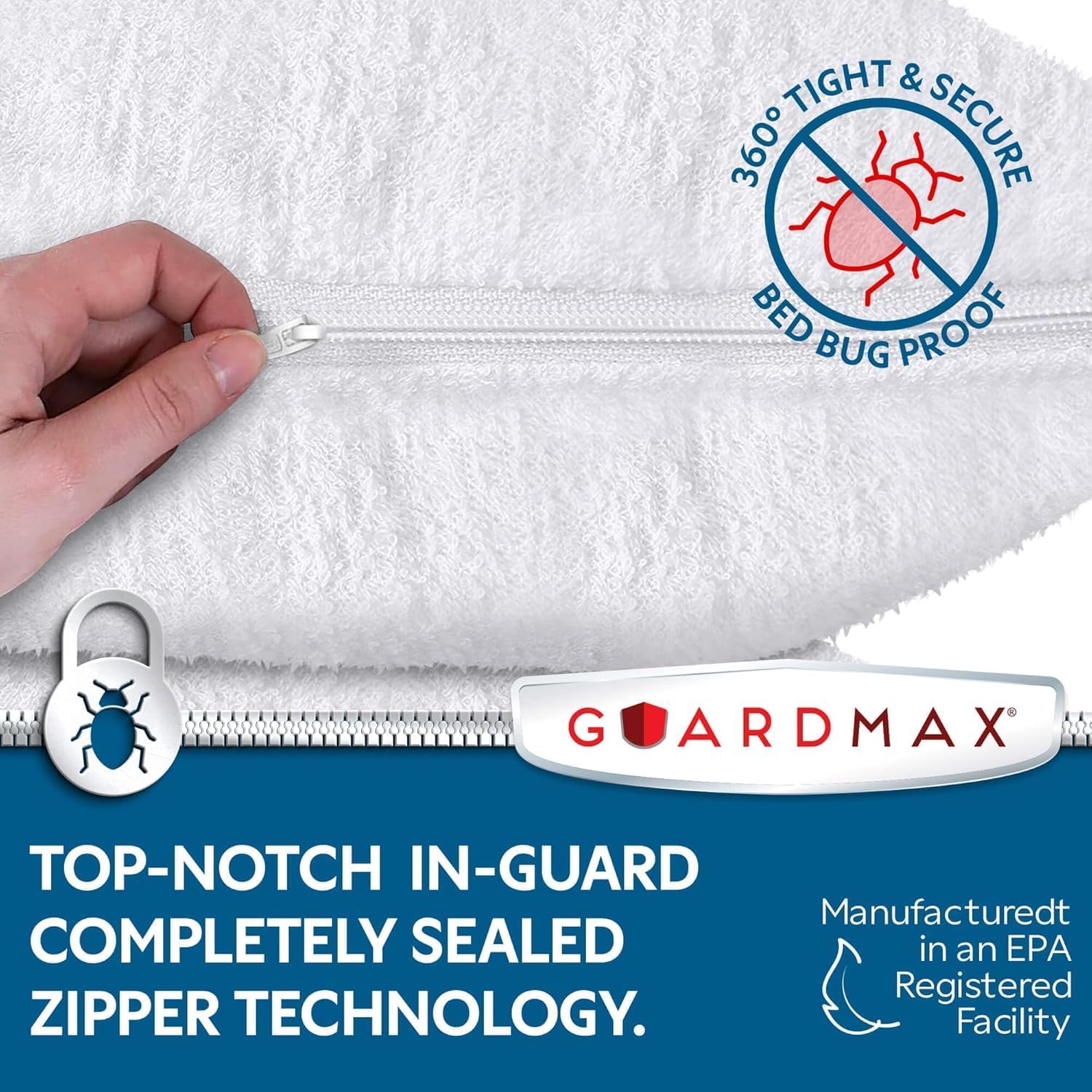 Guardmax Terry Cotton Waterproof 24x24 Size - Zippered Bed Bug Pillow Protector 2 Pack - Hypoallergenic Pillow Case Cover Protects from Bedbug, Dust Mite, and Liquid Spills image 3