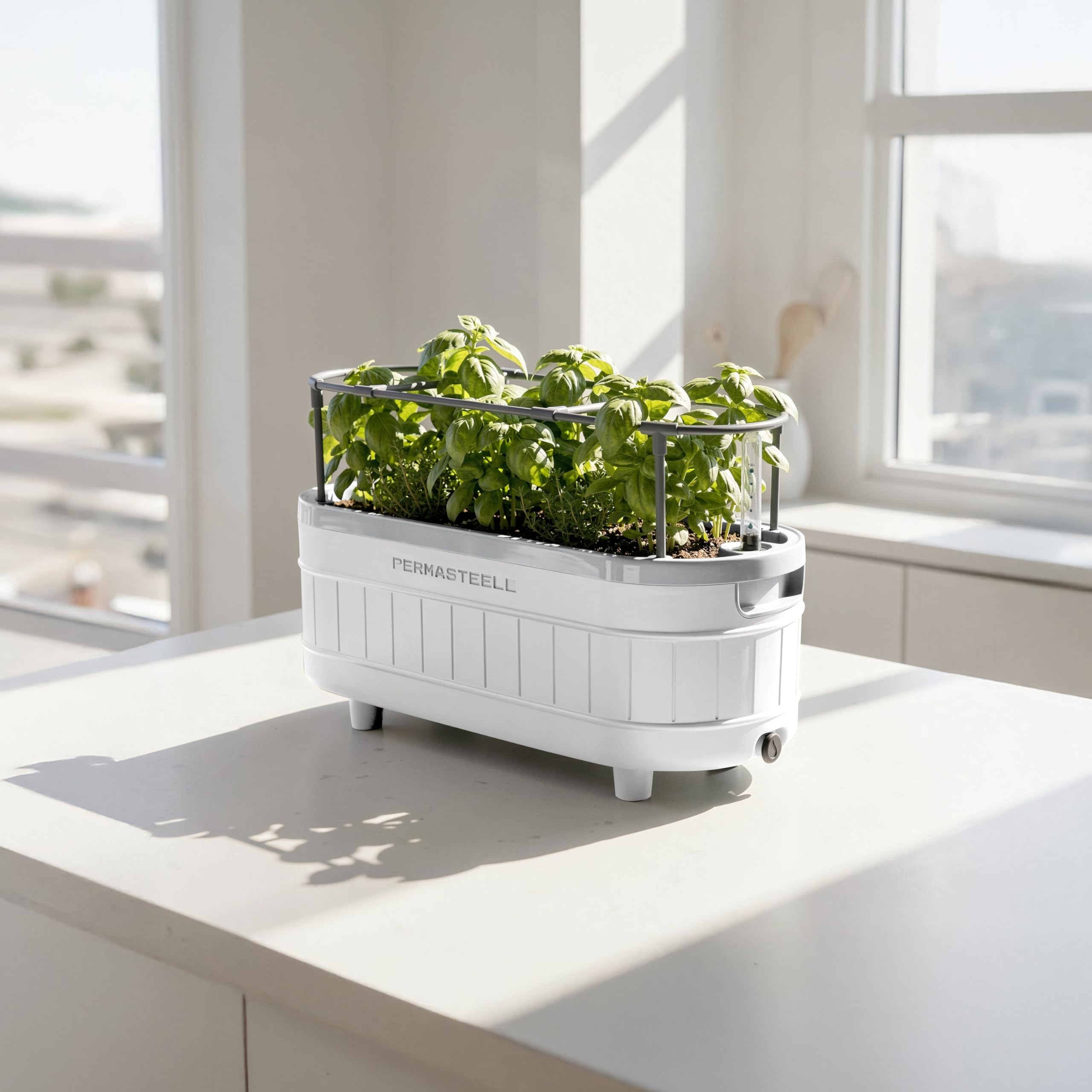 Permasteel Kräutergarten mit Rankhilfe und Bewässerungssystem - Pflanztöpfe mit Wasserspeicher für Fensterbank, Küche oder Balkon - 45 cm - Kräutertopf Selbstbewässernd inkl Wandhalterung - Weiss