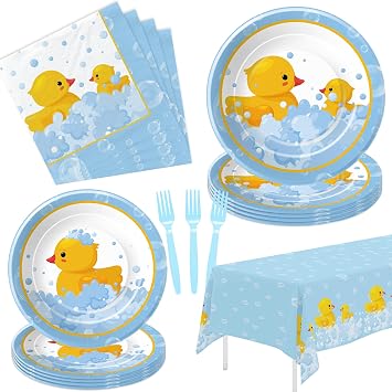 APOWBLS Rubber Duck Decorations, Bubble Bath Rubber Duck Party Supplies | For Baby Shower Birthday, Disposable Paper Plate, Napkin, Tablecloth, Disposable Fork, Serves 24