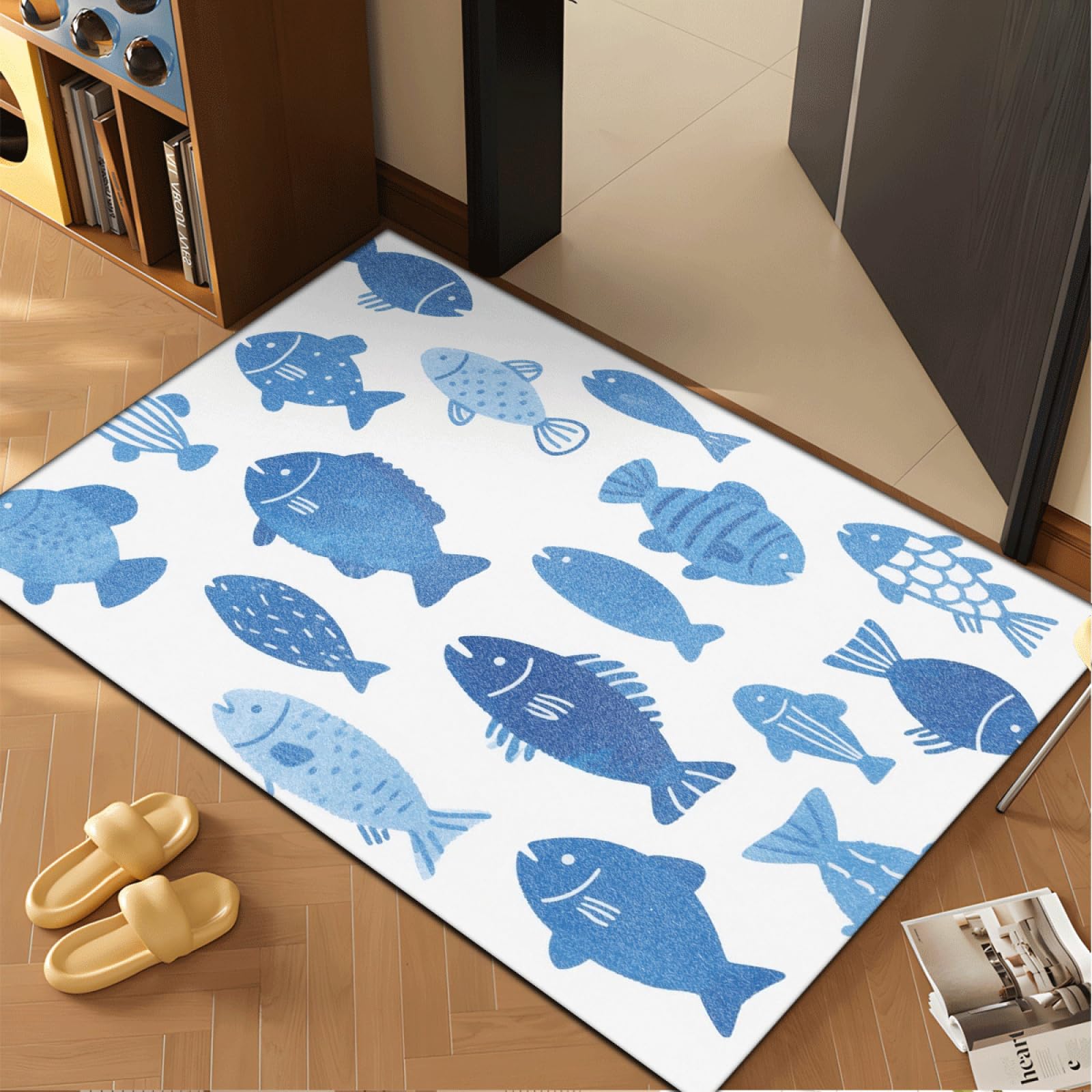 Fussmatte Innen 80x120 cm Retro Blauer Fisch Fussmatte Aussen rutschfeste für Hund Eingang Badematte Waschbar Schmutzfangmatte Strapazierfähige und Langlebige Fussmatten Haustür