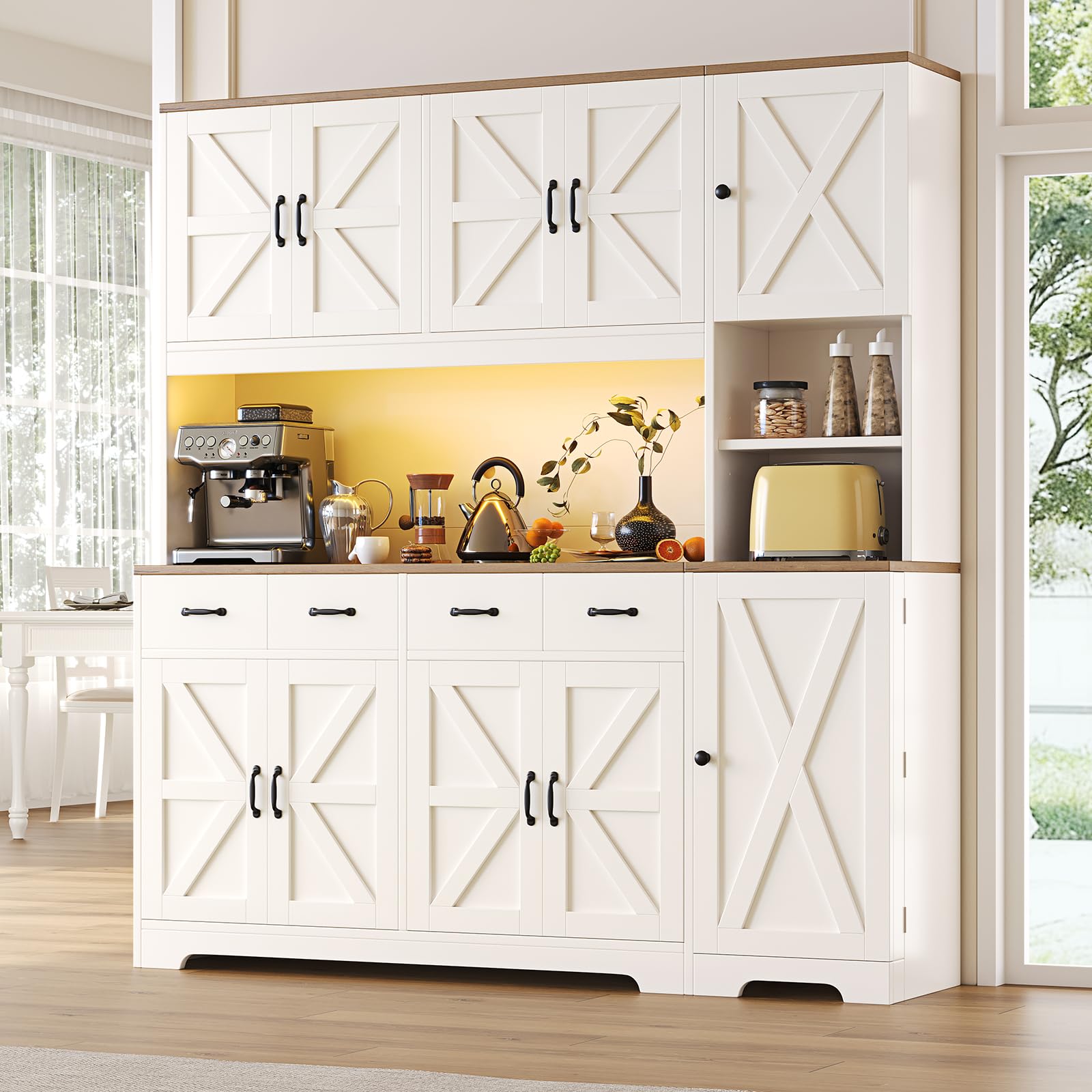FUSOU Küchenschrank 180 cm LED Ladestation 4 Schubladen 6 Fächer – Vorratsschrank Landhausstil, Küchenschrank mit Arbeitsplatte Esszimmer verstellbare Böden Weiß