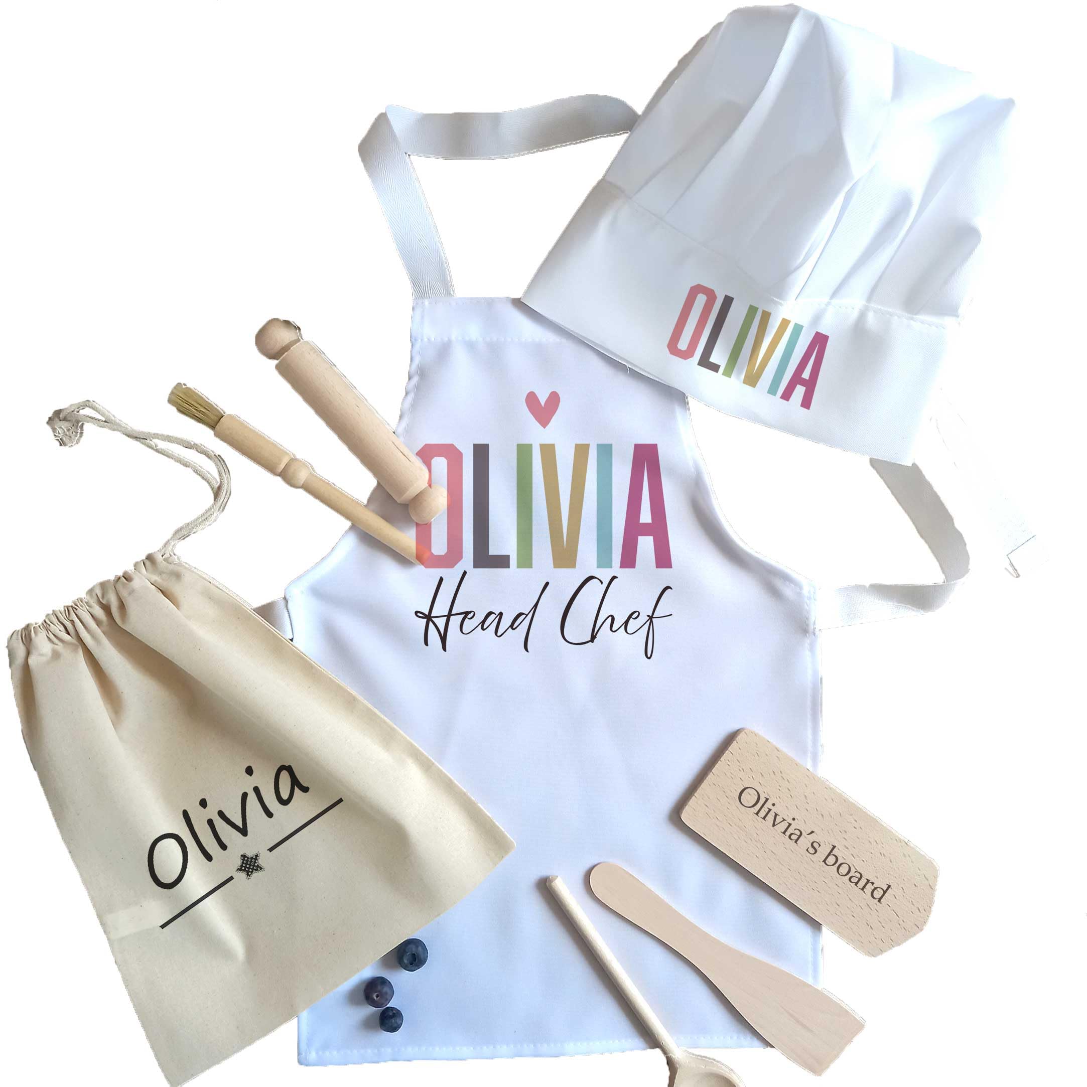 Personalised Kids' aprons, Baking Kitchen Gifts, Name aprons, wooden utensils engraved chopping board, Girls' Cooking Set.