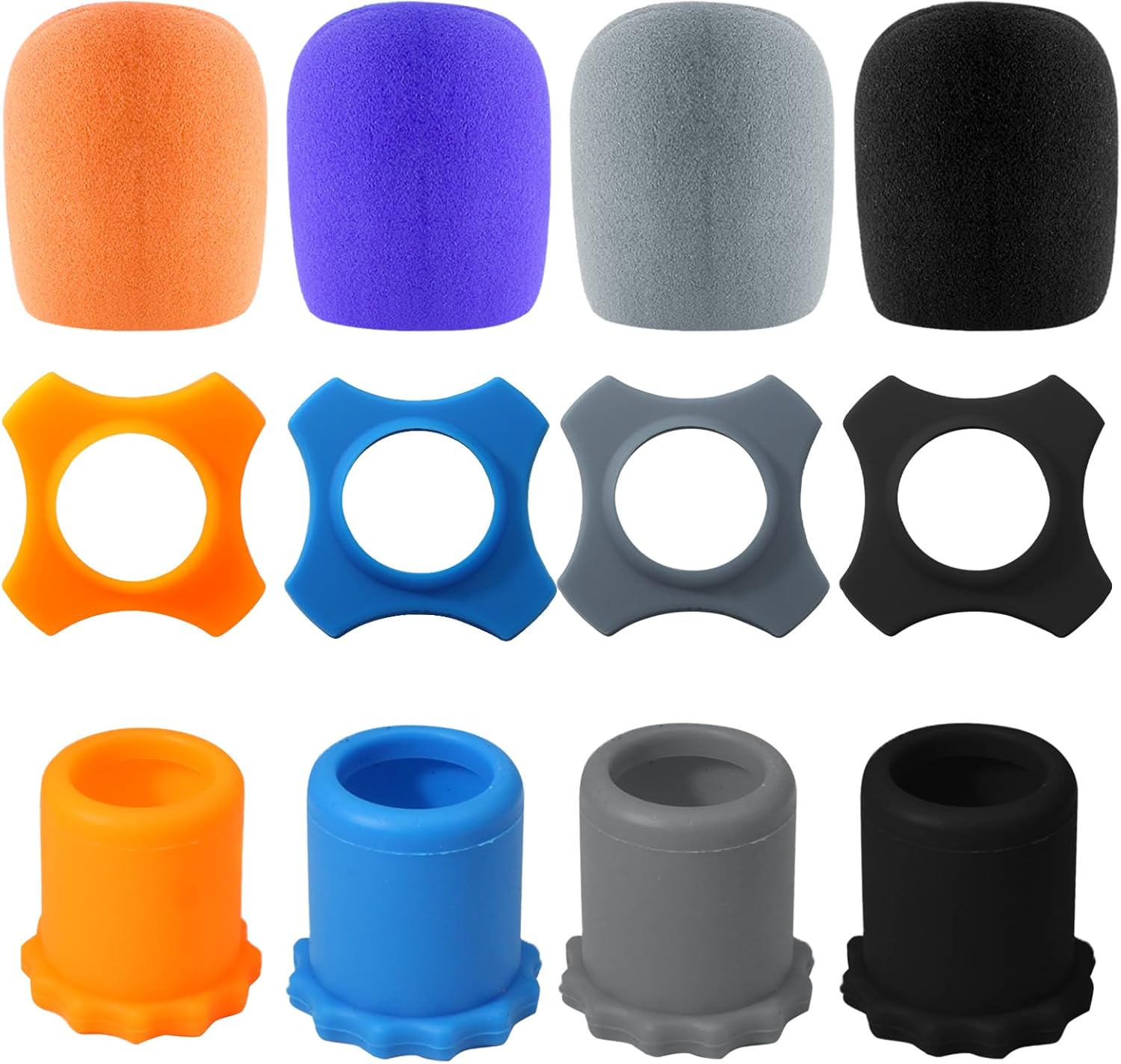 4 Set Microphone Protection Foam Mic Cover – Including 4 Pcs Foam Microphone Windscreen Cover – 4 Pcs Silicone Rings – 4 Pcs Bottom Rod Sleeve Holder