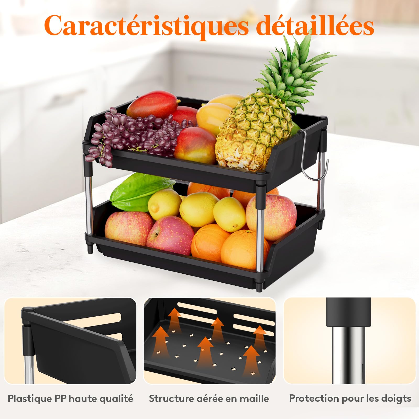 Lifewit Corbeille a Fruit, Panier Fruits avec Deux Crochets Détachables, Panier Legumes Rangement Cuisine avec Support en Métal, Plastique Rangement Pomme de Terre, 28cm(H), Noir, 2 Niveaux