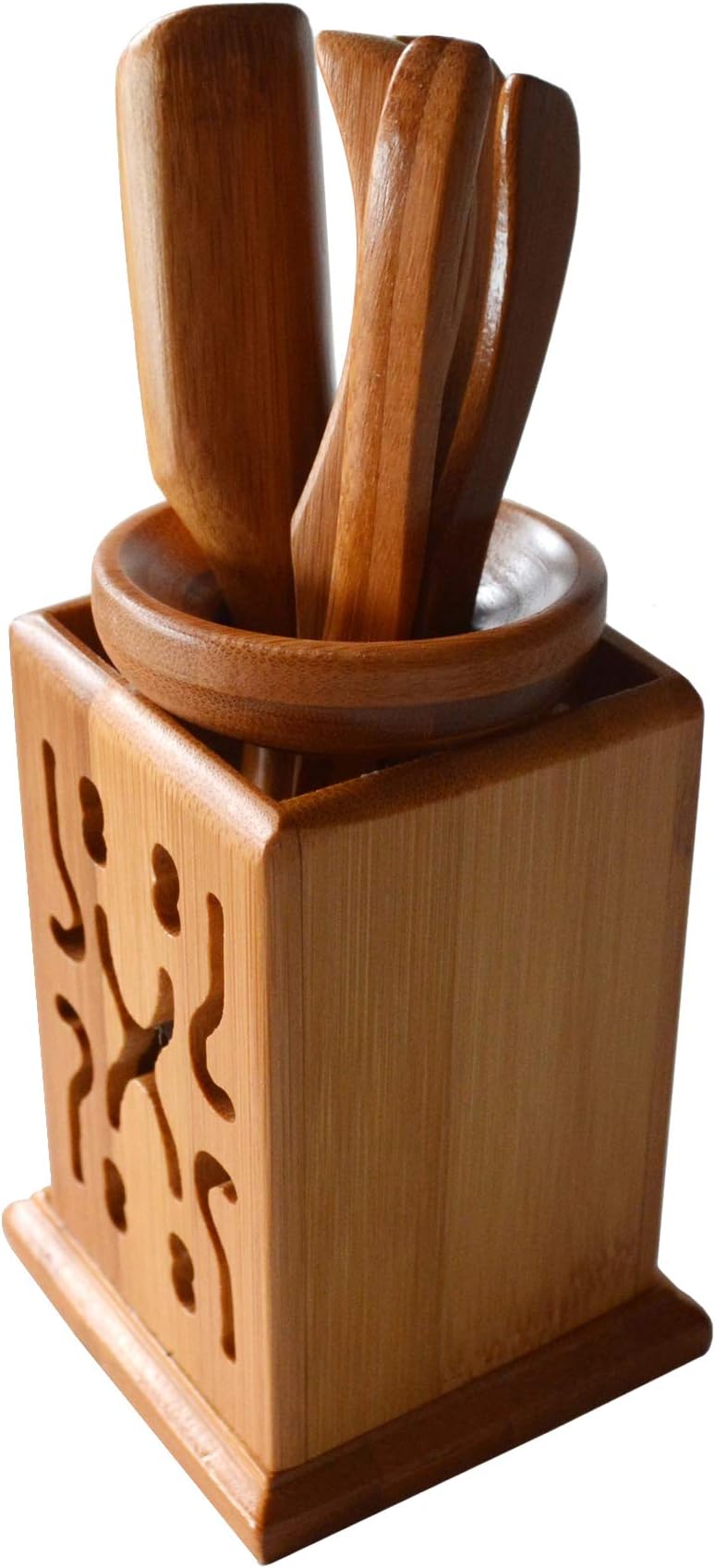 YXHUPOTChadao Bamboo GongFu Tea Tools Tube Spoon, tongs, detong, tea needle funnel (Square canister)