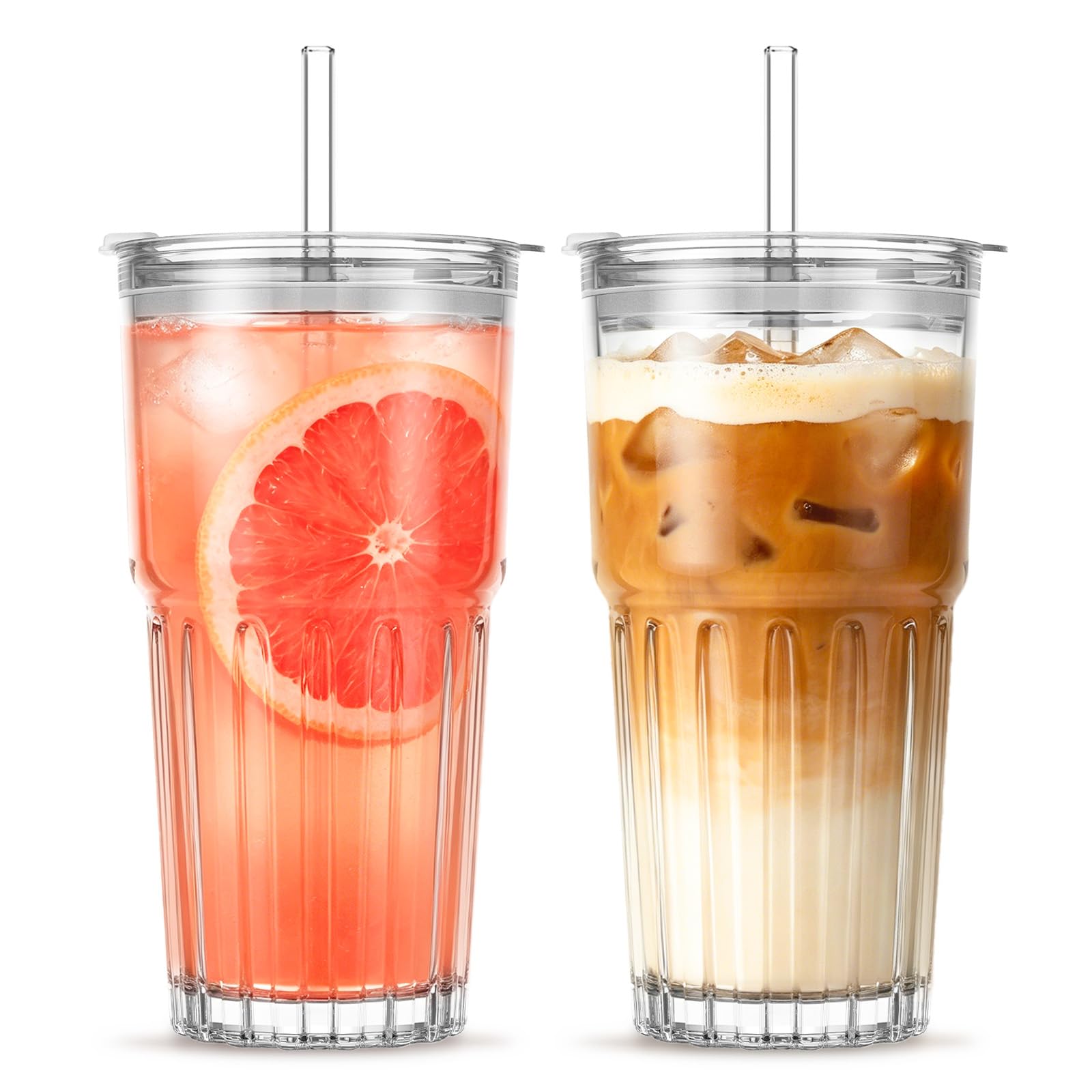INSETLAN 600ml Modern Iced Coffee Cup, 2 Pack Leakproof Glass Tumbler with Lids and Straws, Smoothie Cup for Iced Latte, Smoothies, Matcha, Juice, Ideal for Home and Outdoor Use