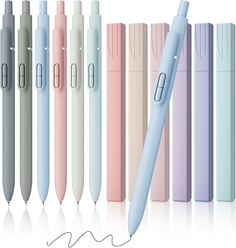 JIMMIDDA- 12 Pack Gel Pens, 0.7mm Black Ink Fine Point Smooth Writing with Aesthetic Highlighters, Quick-dry Long-lasting Pens Set for Journaling School Office Supplies(6 Pens + 6 Highlighters)