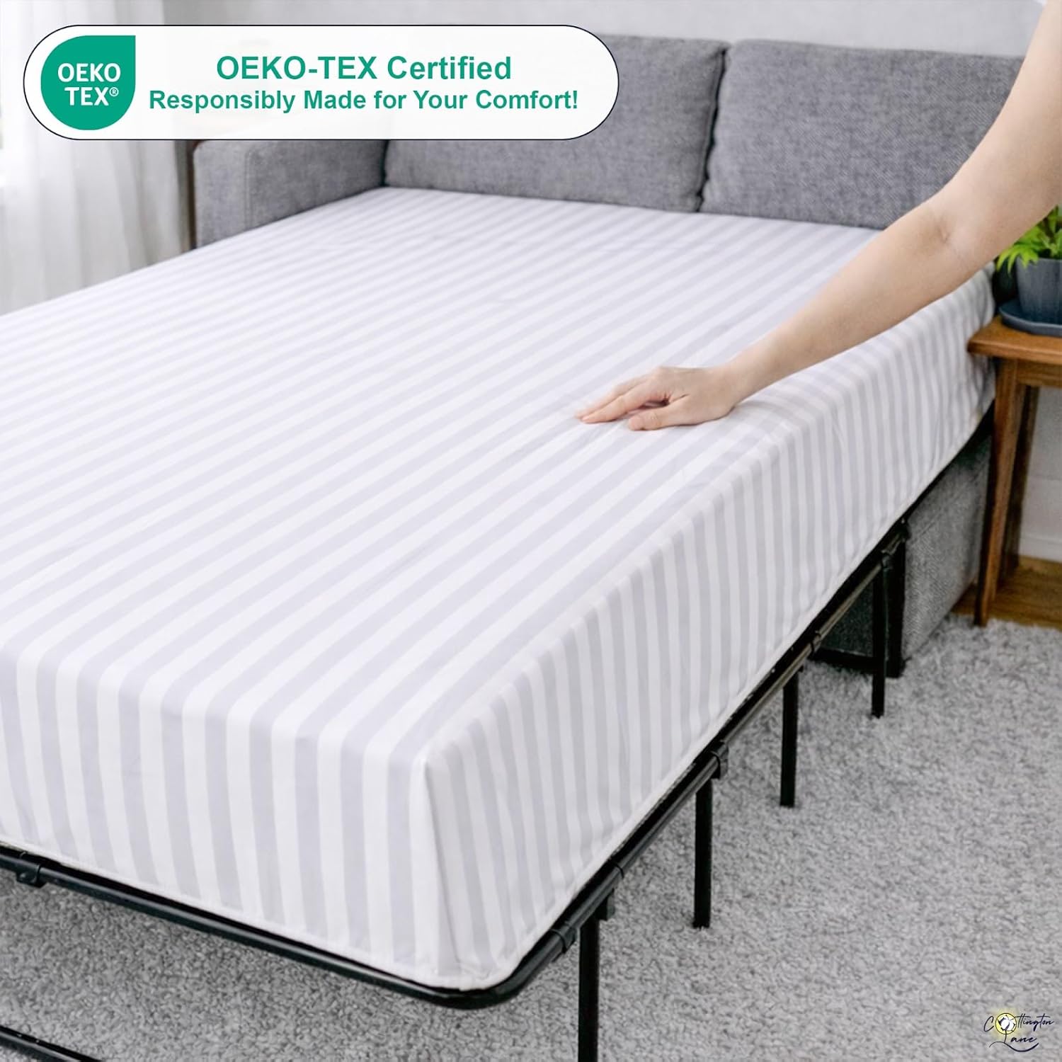 Cottington Lane 1 Piece Sleeper Sofa Fitted Sheet Twin Size, Premium Quality 100% Egyptian Cotton, 6 Inch Deep Sofa Bed/Pullout Couch Bottom Sheet Only, Cooling, Soft & Breathable, White Stripe