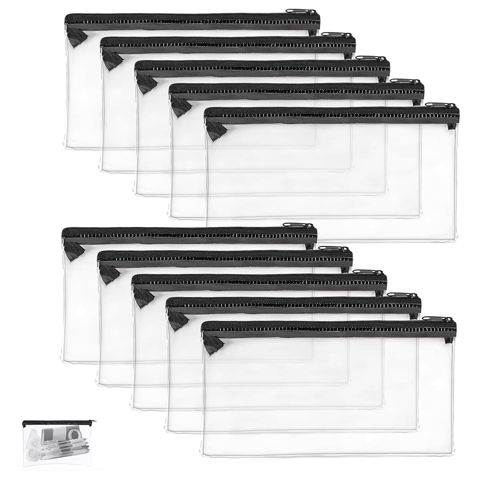 ToqoGeri 10 Pcs Clear Pencil Case for Exams. Large Transparent PVC Pencil Pouches with Zipper for School, Travel & Office Supplies. See Through Student Pencil Cases