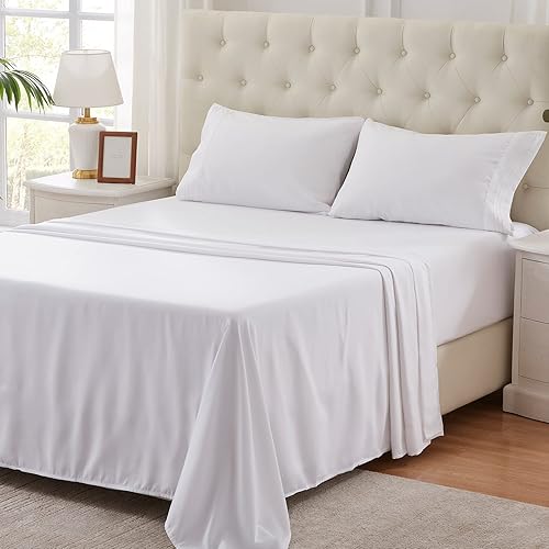 NexHome Full Size Sheet Set, Breathable & Cooling Sheets, Hotel Luxury Bed Sheet, Extra Soft, Deep Pockets 16", Easy Fit, Wrinkle Free, Comfy, White Bed Sheets 4 Piece Set