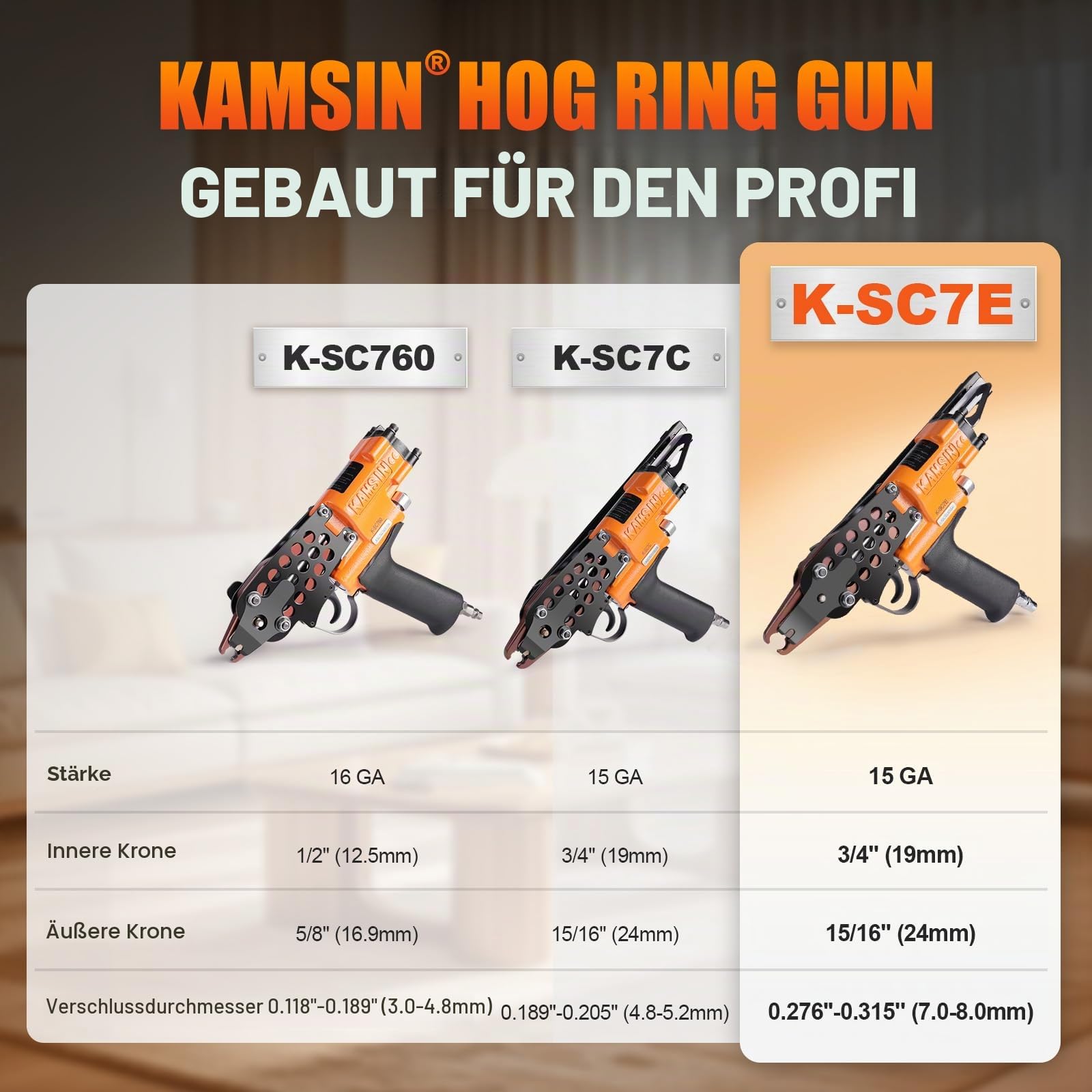 KAMSIN K-SC7E 15GA Pneumatische C Ring zange, 19 mm Krone 7,0 mm Verschluss Schweinering-zange für Gabionen, Zäune, Tierkäfige, Fallen und Befüllungsarbeiten