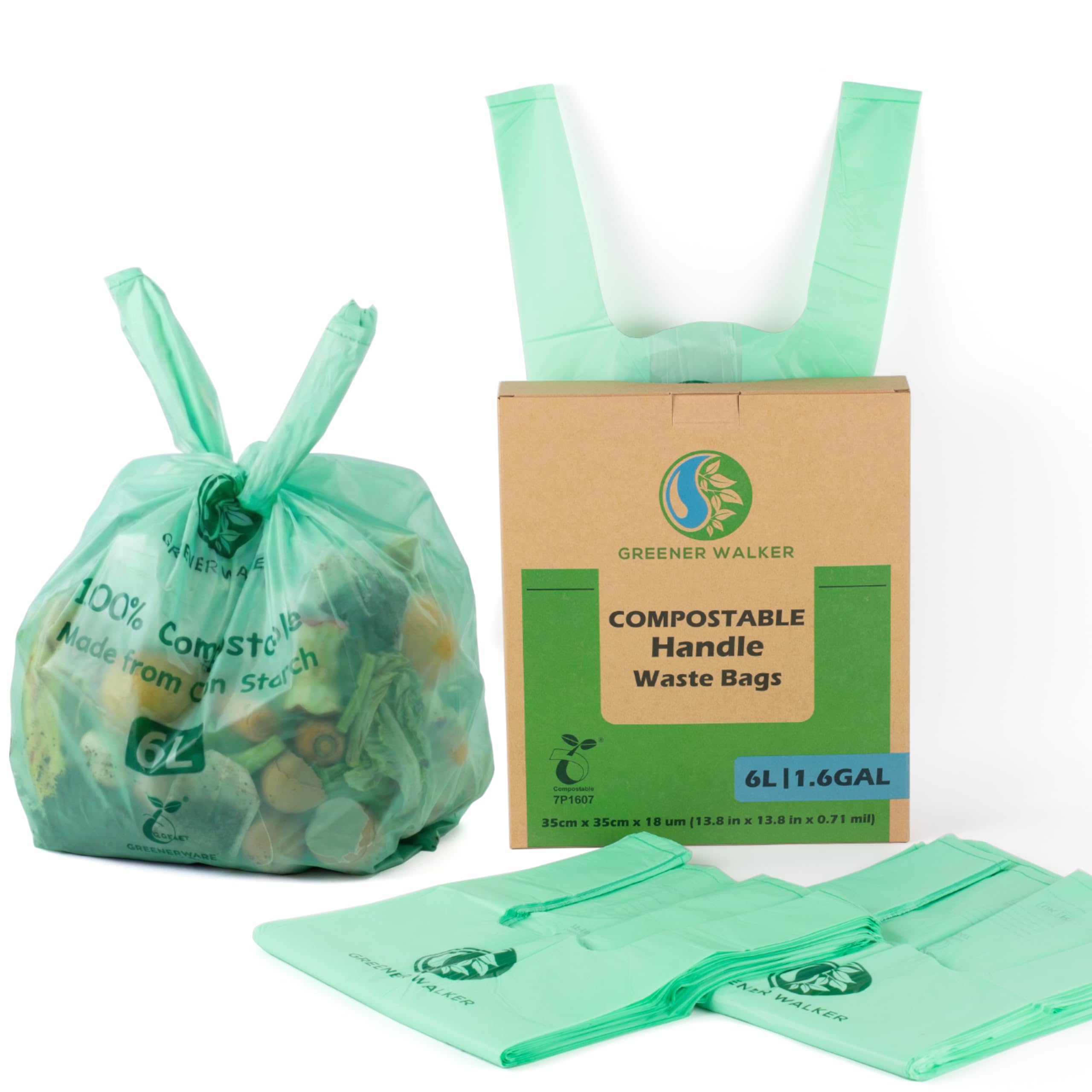 GREENER WALKER Compostable Tie Handles Caddy Liners 6L 150 Count, Biodegradable Bin Liners Kitchen Food Waste Bags with EN13432 & OK Compost HOME Certified