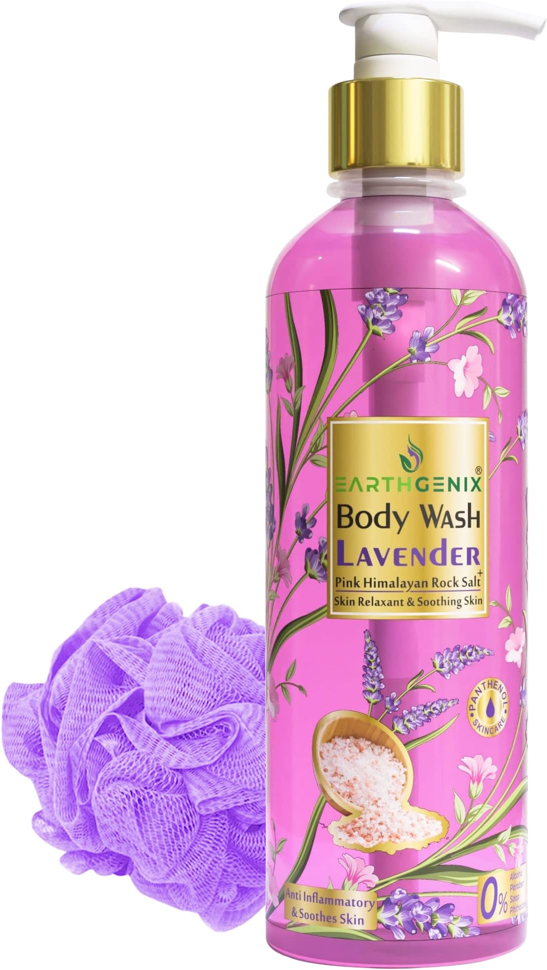 EarthgenixBody Wash Lavender + Pink Himalayan Rock Salt (300ml), (Loofah Free), for Skin Relaxant & Soothing Skin | All Skin Types | For Men and Women