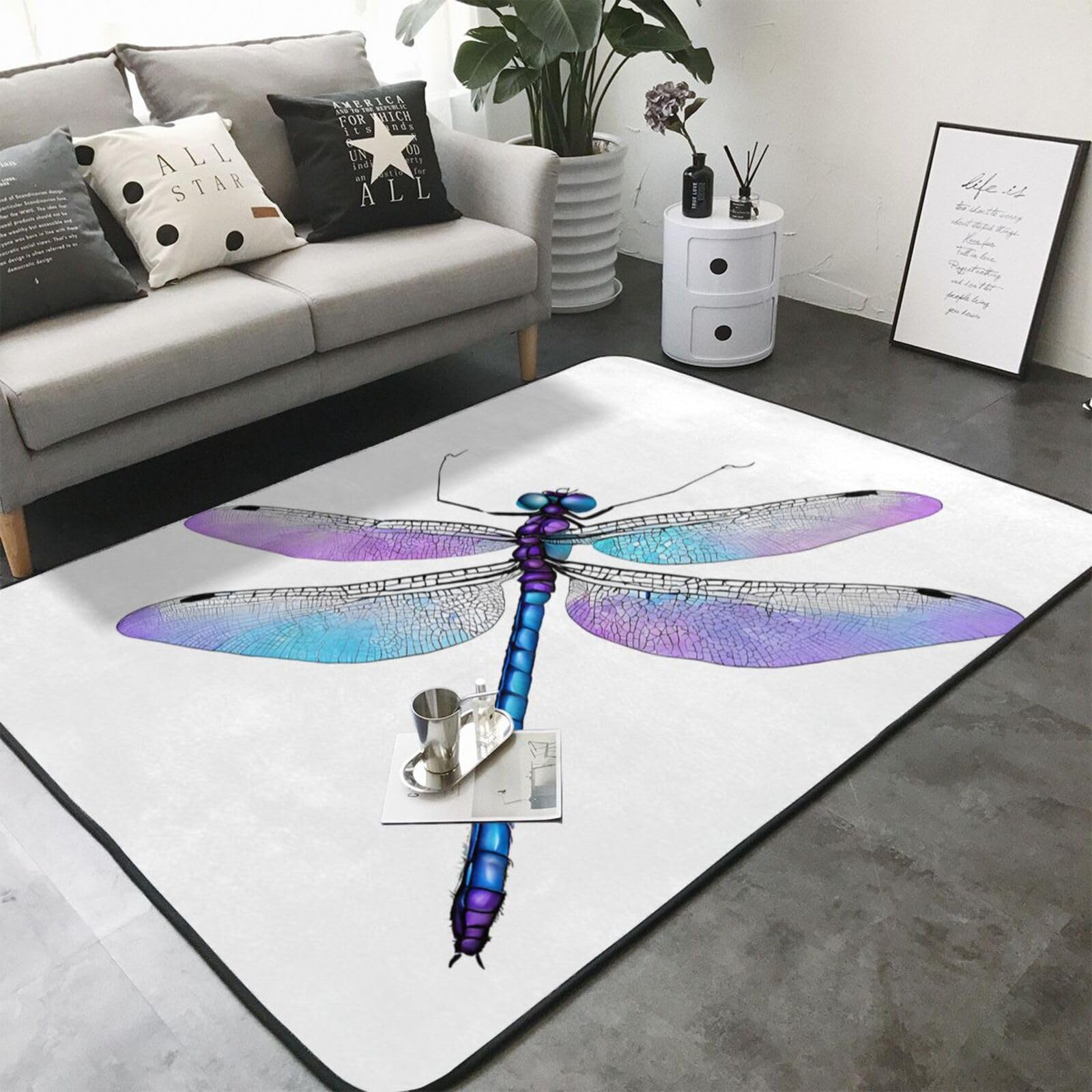 Dragonfly Print Print Living Room Anti Slip and Absorbent Carpet, Indoor Bedroom Bed Floor Mat, Ultra Soft Washable Carpet 80x58 in
