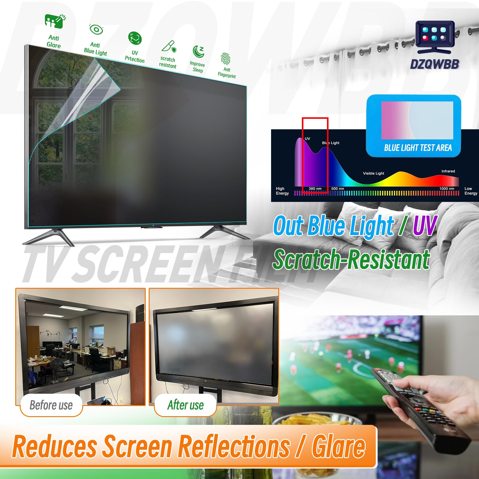 JHZDX 32 inch 43 inch 49 inch 50 inch 55 inch 58 inch 65 inch matte tv- schermbeschermer, anti-verblinding/anti-blauw licht/anti-vingerafdruk tv lcd -film, anti-UV-beschermfolie, stralingsbescherming