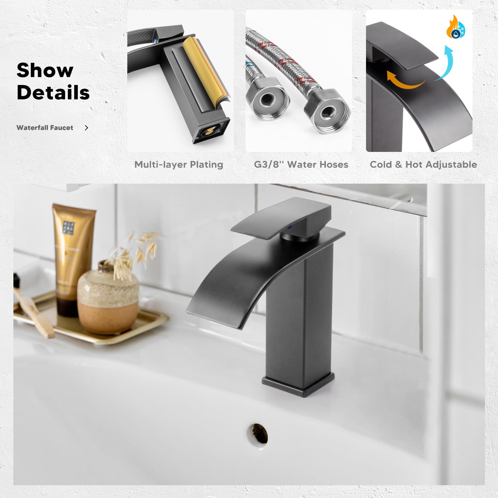 Grifo Lavabo Cascada Grifo de Lavabo Baño Grifo Monomando Lavabo Moderno Grifo de Baño Cascada Mezclador de Lavabo Agua Fría y Caliente Disponibles(Gris)