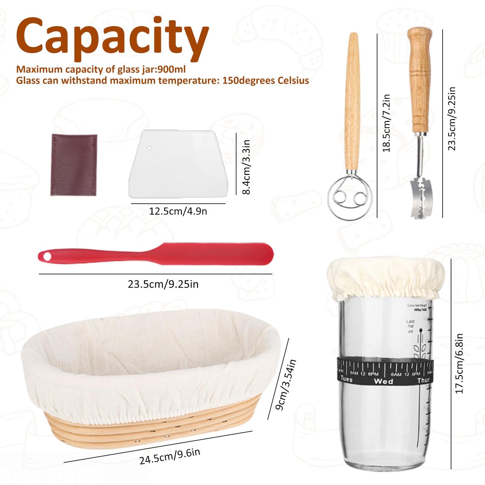 Gärkörbchen 10 Zoll, 7-teilig Sauerteig Brot Gärkorb Set, Sauerteig Starter Set Glas 700ml, 100% Natürlichem Rattan Gärkorb Brot Backzubehör für Brotback Anfänger & Profis
