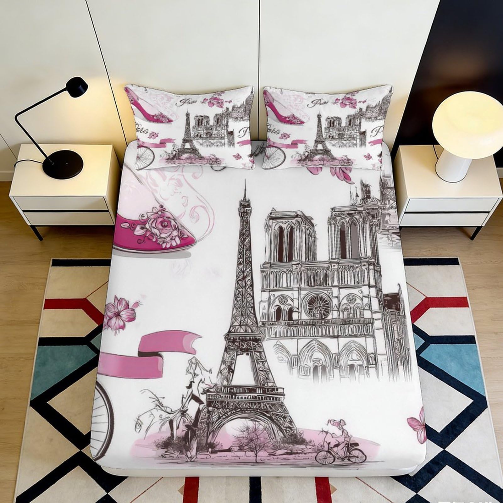 Dhbaneiok Style-8 3D Printed Eiffel Tower Fitted Sheet Microfiber Pink Paris Landmark Bed Cover For Bedroom Dorm Mattress Decor 90X200x25cm