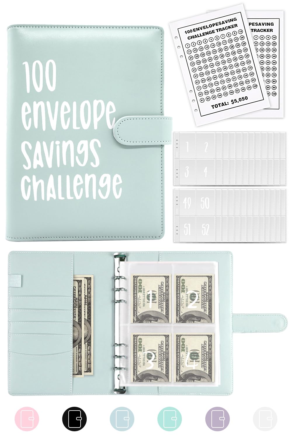100 Envelope Money Saving Challenge Budget Binder, 52 Week Envelope Money Saver Budget Binder Cash Book with Pouches Blue