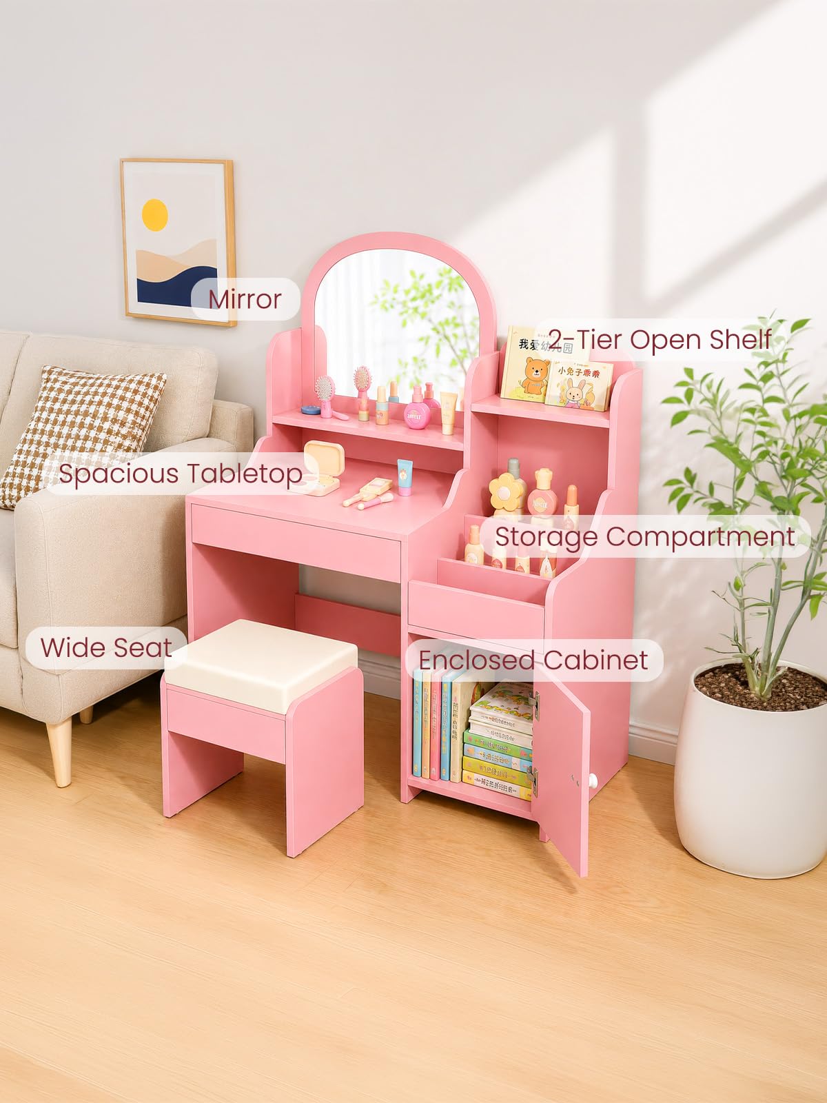Kinder Schminktisch mit Spiegel und Hocker, Frisiertisch aus Holz mit Schrank und Ablagen, Schminktisch für Mädchen, Rosa