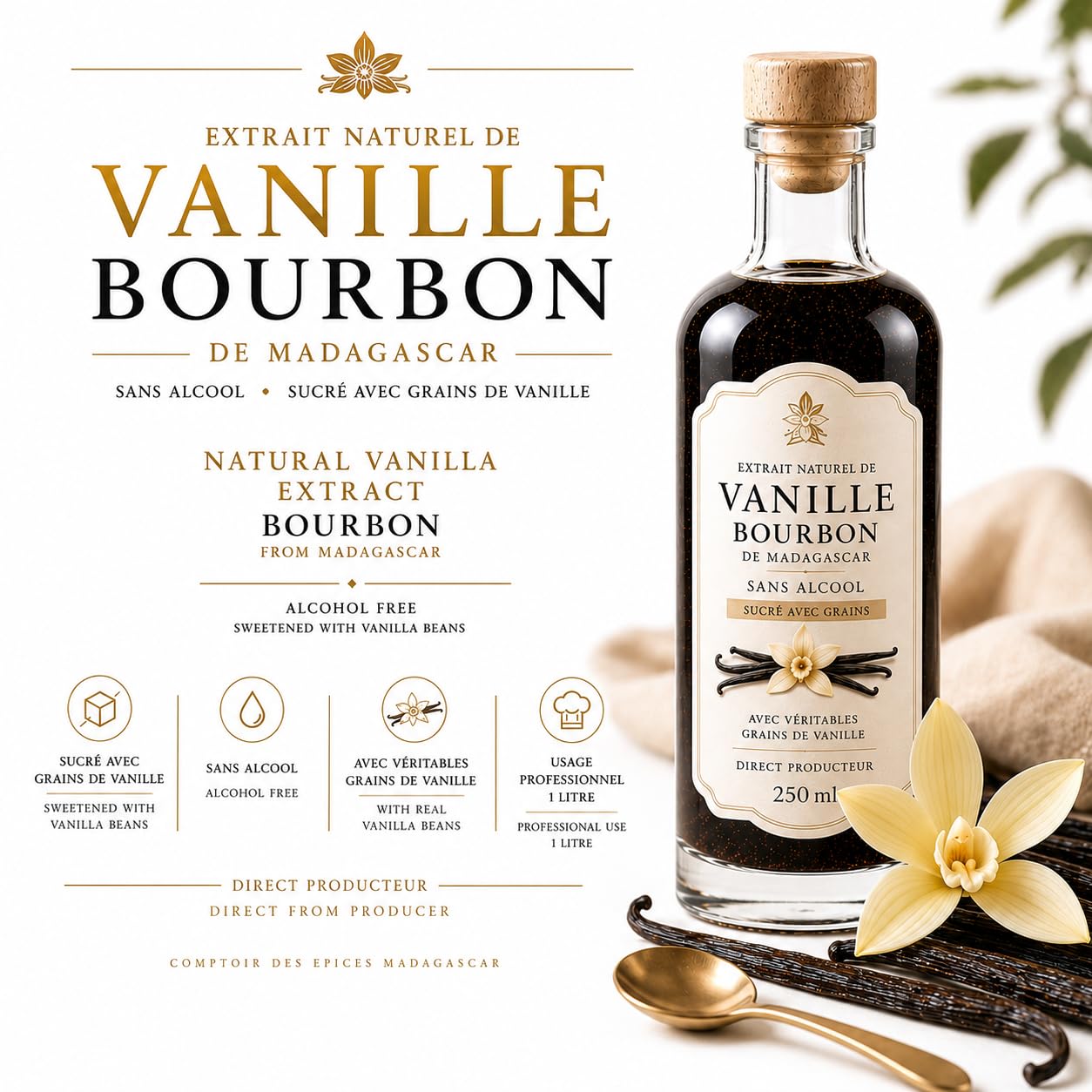 Extracto natural de vainilla Bourbon 250 ml – Sin alcohol – Puro & Artesanal – Ideal Cocina & Pastelería – (Empresa francesa)