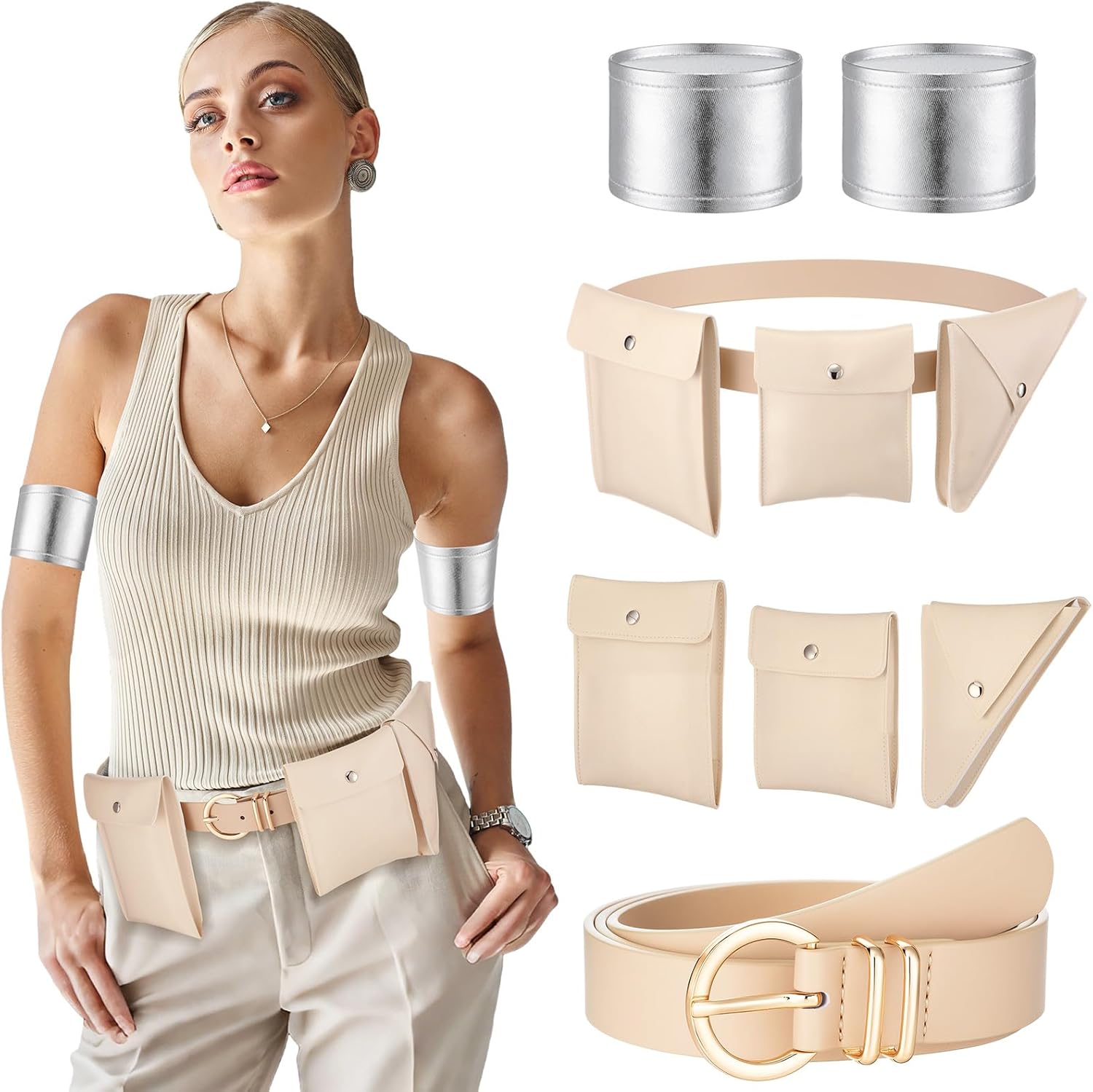 Coume 6 Pcs Women Halloween Costume Accessories Queen Cosplay Outfits Warrior Adjustable Belt Pockets Holster Cuff Armbands