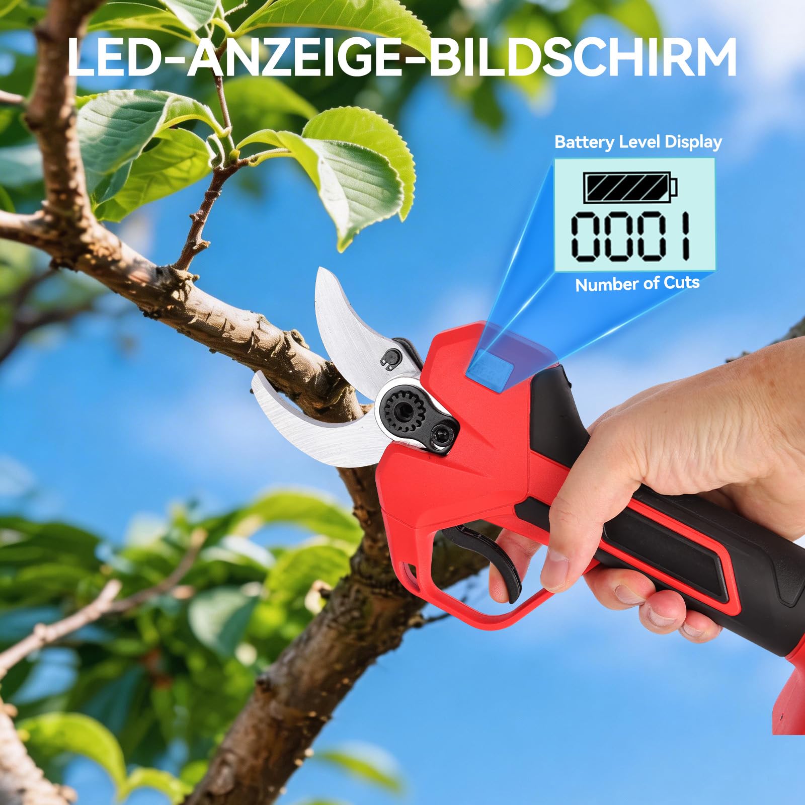 Forbice Potatura a Batteria 50mm: 2 x 21V/2000 mAh Batteria Cesoie Potatura Elettriche Professionali Forbice Elettrica per Potatura con LCD Display per Jardinage, Olives Rosso