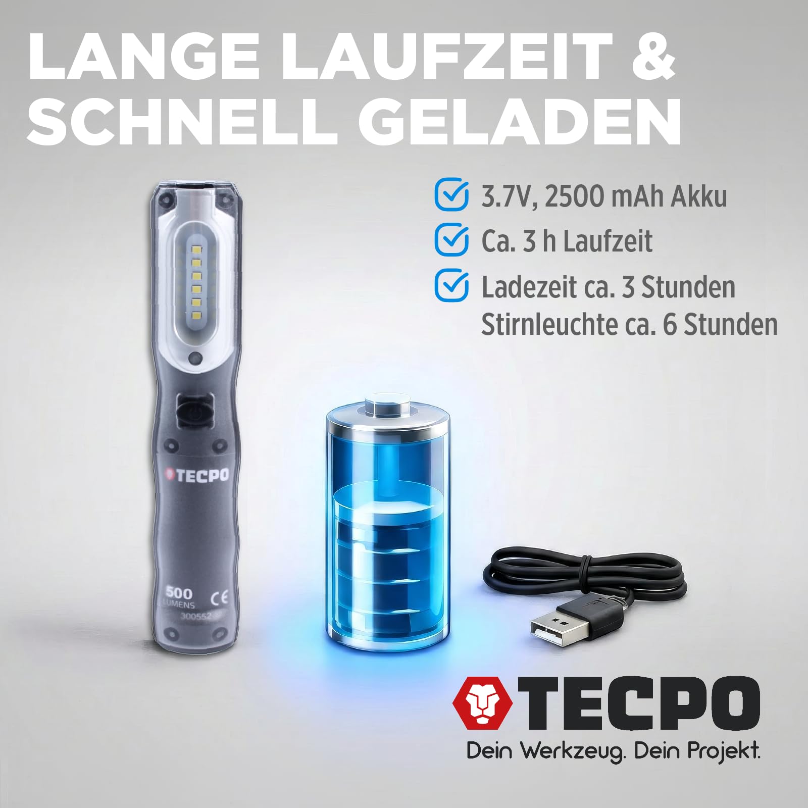 TECPO Akku Werkstattlampe 500 Lumen Handlampe 6500K LED Stab-Lampe Leuchte