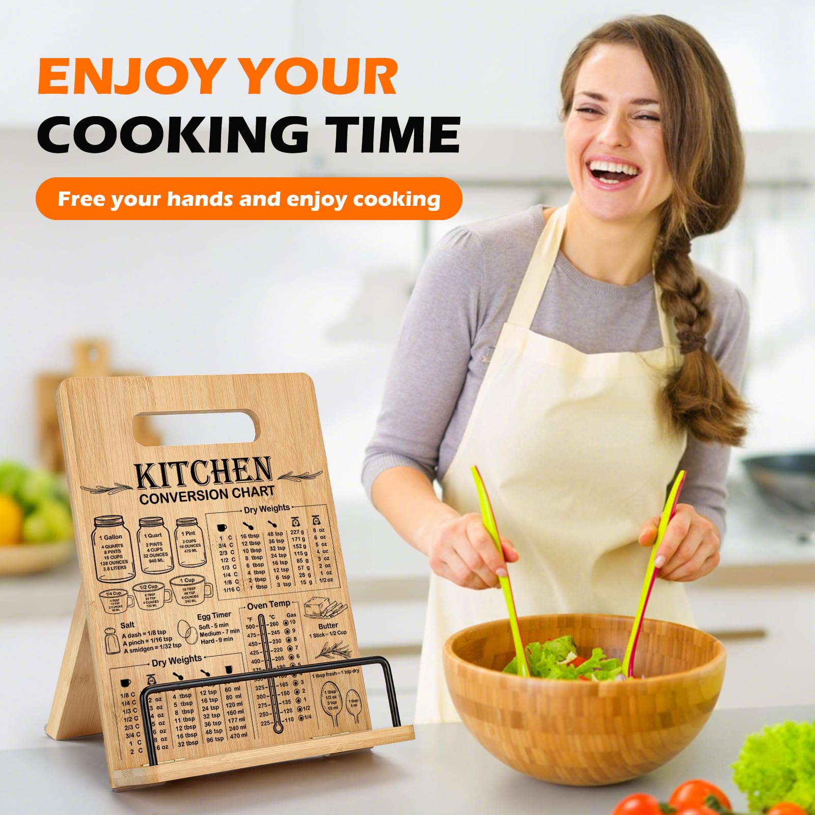 Supporto per libri di cucina in bambù per bancone della cucina, supporto per libro di ricette con tabella di conversione delle misurazioni, supporto regolabile per libri di cucina, accessori