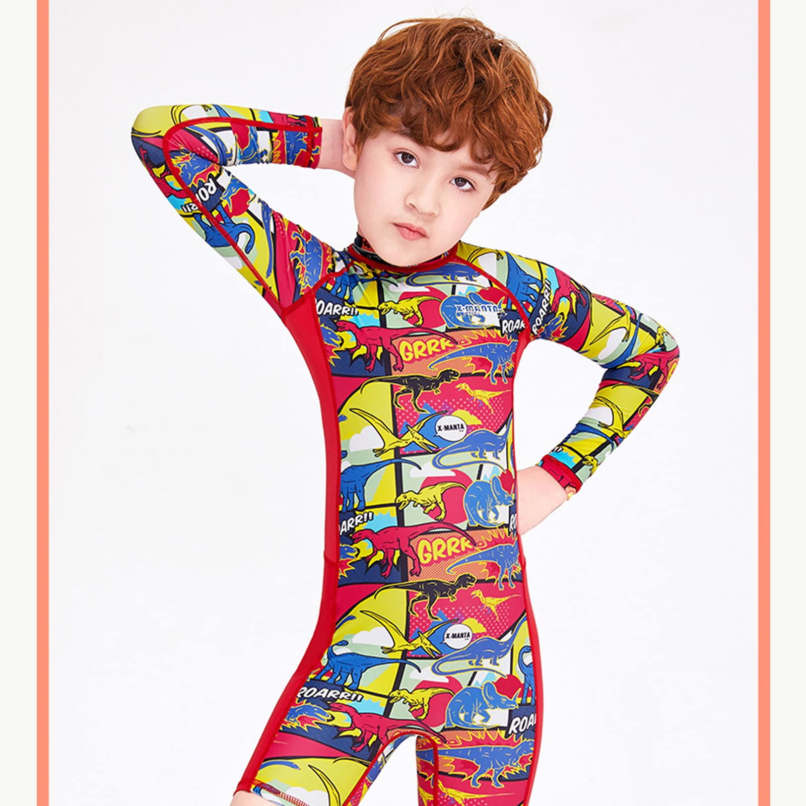 Traje de Neopreno Corto para niños, Trajes de Buceo con Cremallera Trasera de Manga Larga, Traje de baño con protección Solar para niños de 2 a 10 años (Rojo M)
