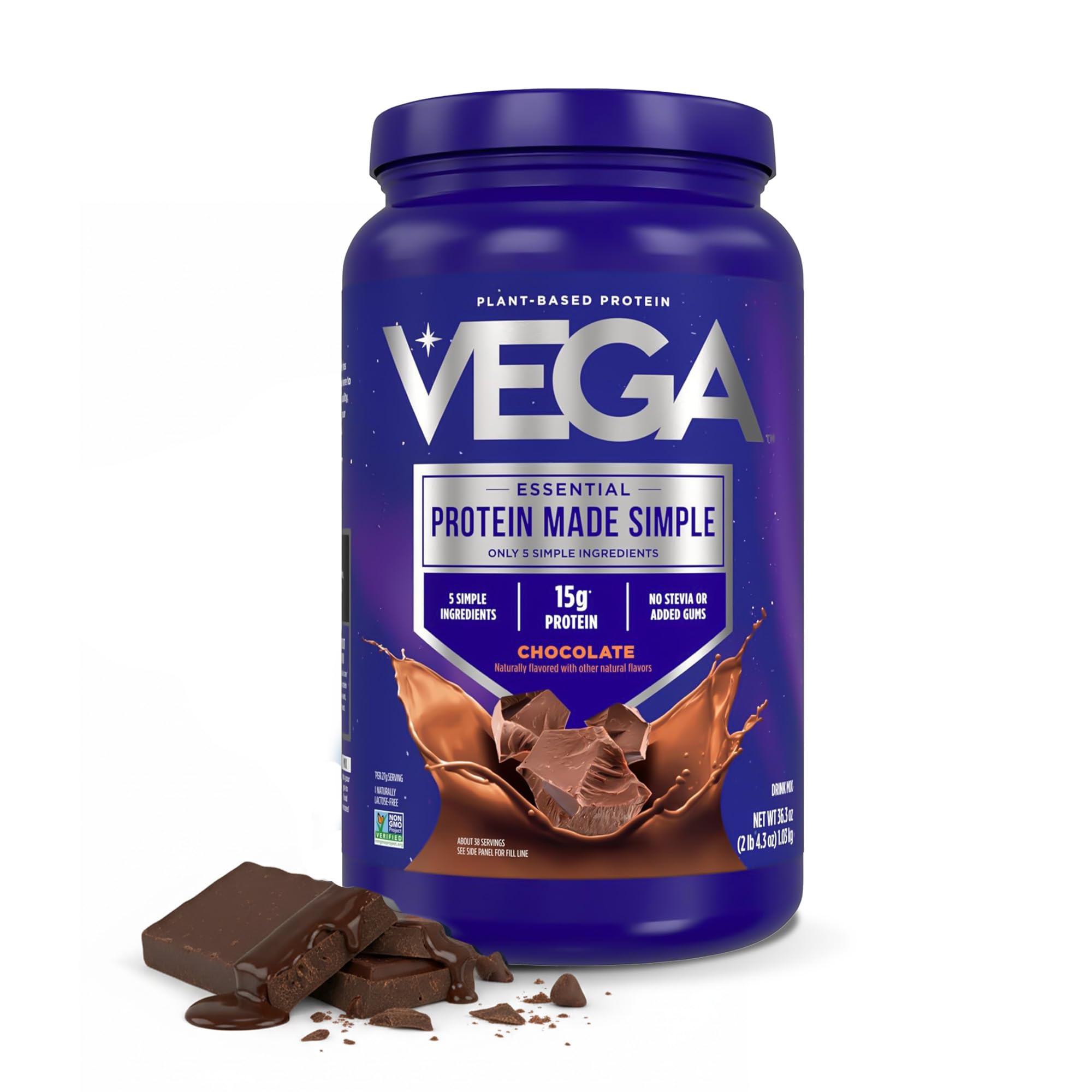Vega Protein Made Simple Dark Chocolate (38 Servings) Stevia Free Vegan Protein Powder, Plant Based, Healthy, Gluten Free, Pea Protein for Women and Men, 2.3 lb