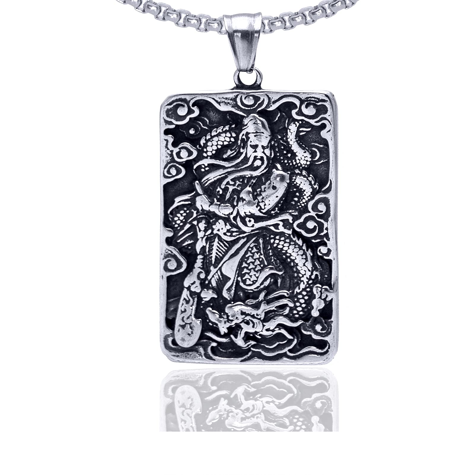 XusamssPunk Rock Titanium Steel Dragon Guan Yu Dog Tag Pendant Necklace,24" Link Chain