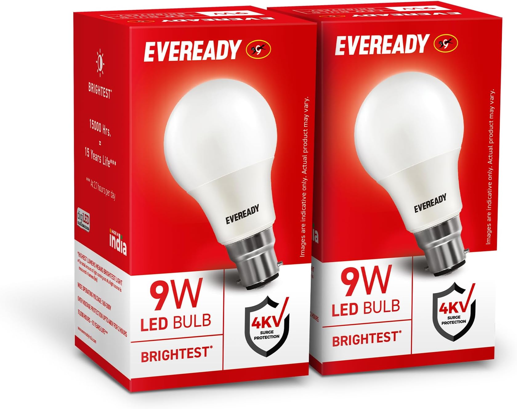 Eveready 9W LED Bulb, Cool Day Light (6500K), B22 Base, Energy-Efficient, 4kV Surge Protection, Long-Lasting Durability - Pack of 2