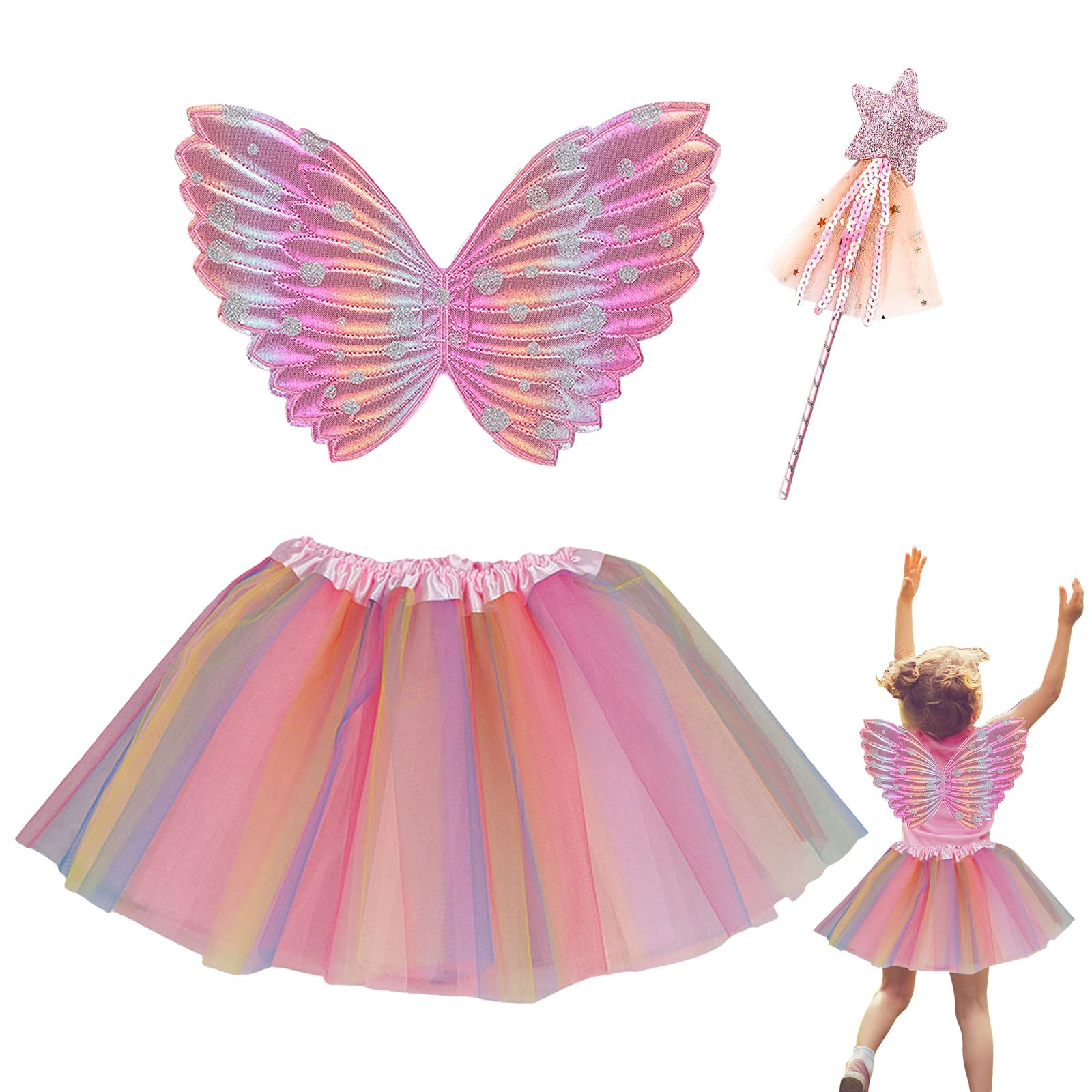 EQLEF Disfraz de hadas mariposa, vestido Tutu rosa con alas de elfo mariposa con varita mágica vestido de mariposa princesa elfo vestido baile de Halloween (niña de 3-6 años) (Rosa(2))