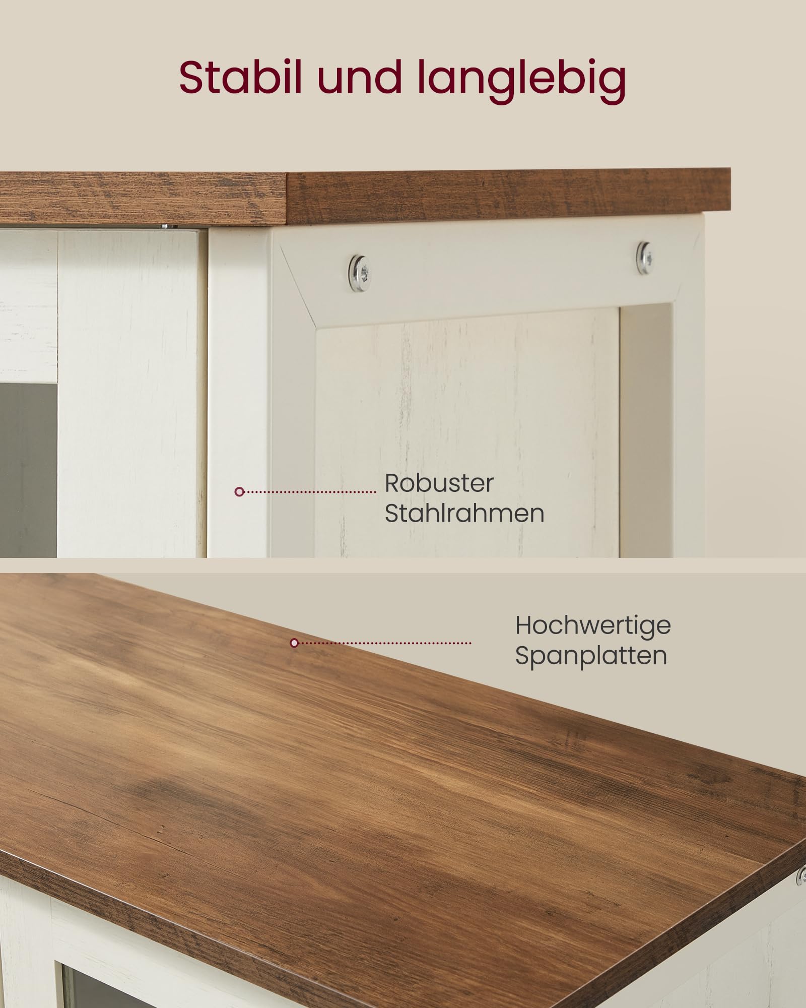 VASAGLE Sideboard, Küchenschrank, Aufbewahrungsschrank, mit Glastüren, für Wohnzimmer, Küche, Esszimmer, Stahlrahmen, Industriestil, honigbraun-vintageweiß LSC099WJ02