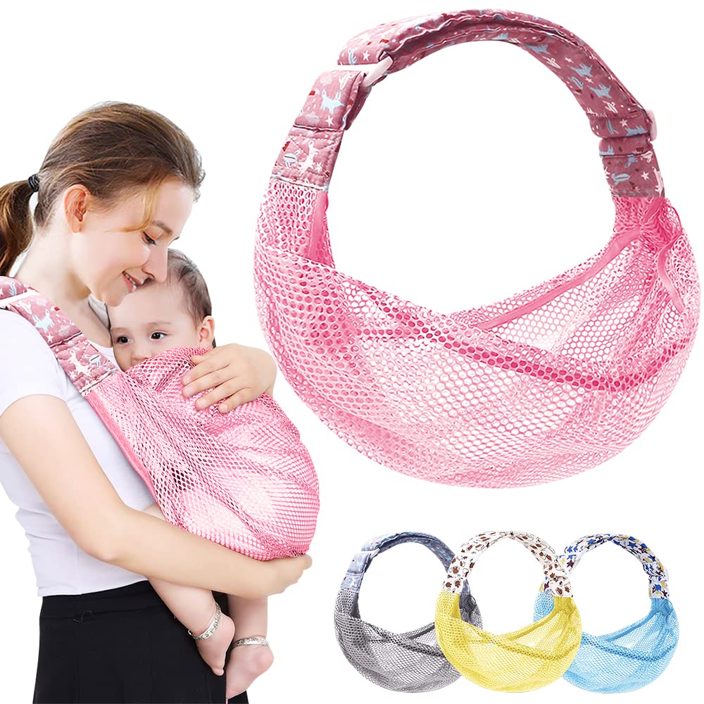 HINATAA Atmungsaktive Baby Tragetuch, Verstellbare Babytrage Wickeln, Schnell Trocknend, 3D Netzstoff, Dicken Schultergurten, Elastisch für Sommer, Pool, Strand, Tragen von Neugeborenen (Rosa)