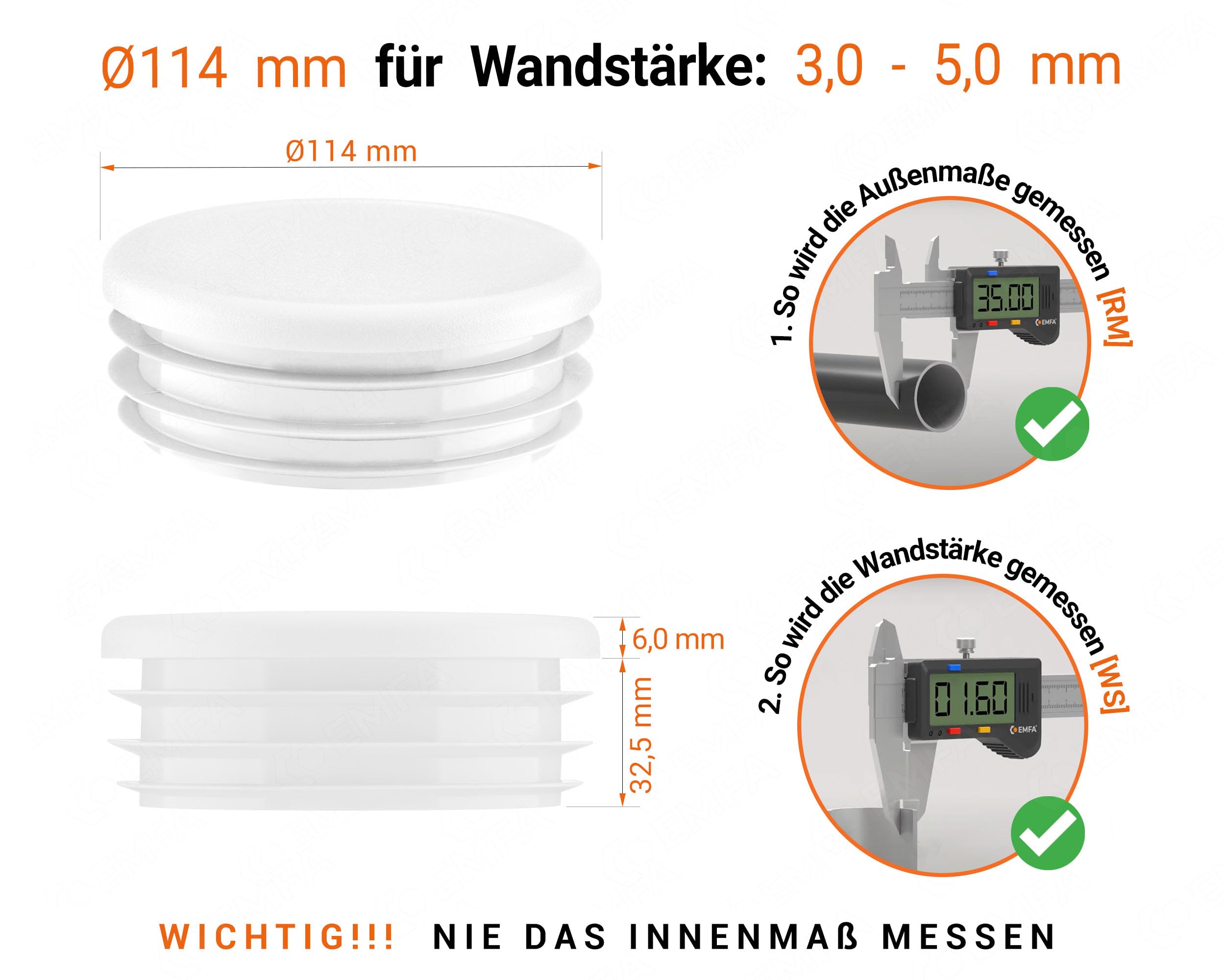 EMFA Tapón para Tubo Redondo Acanalado 114 mm Blanco, 50 Unidades | Tapa para Tubo, Capuchón para Tubo, Plástico PE, Protección contra el Polvo