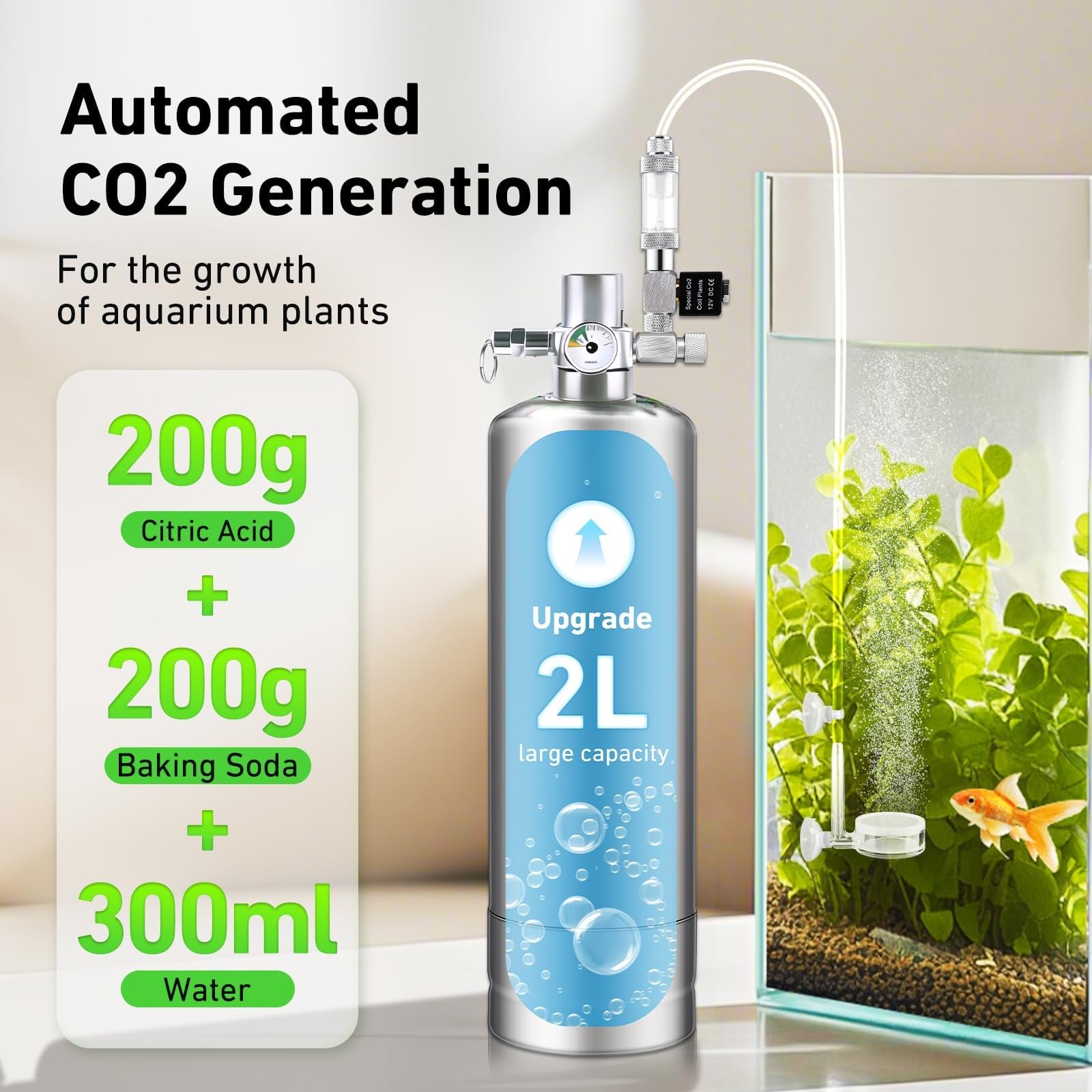 Set completo de acuario de CO2 de 2 l, acero inoxidable, generador de CO2