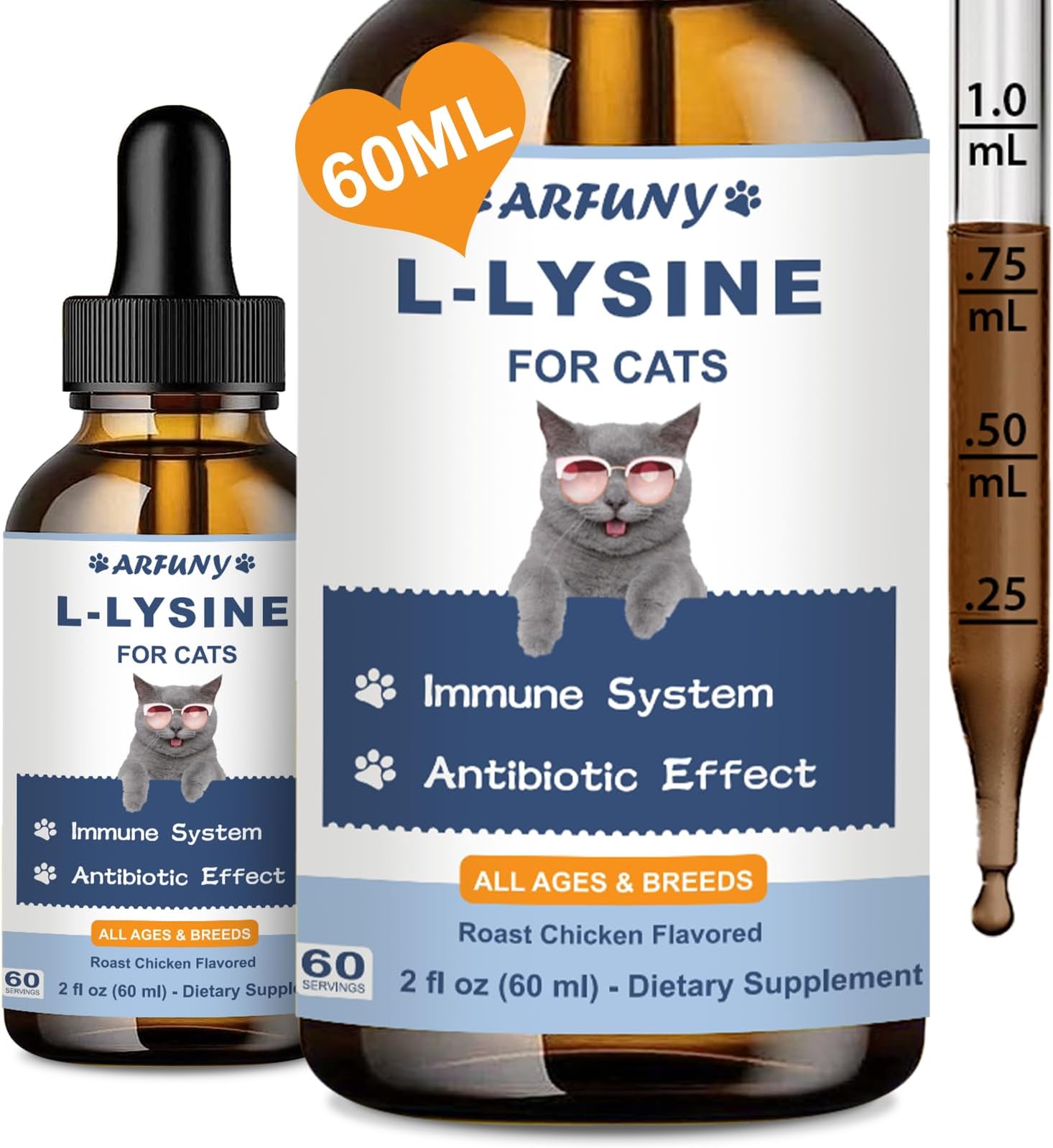 L-Lysine for Cats - 60 ml Lysine Drops Cat - For Immune System, Defenses & Respiratory Tract - Immune System Strengths - Natural Antibiotics Cat - Roasted Chicken Flavour