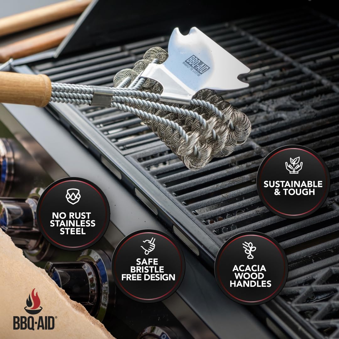 BBQ-AID Szczotka do grilla na zewnątrz, bez włosia, 45 cm, zestaw do czyszczenia grilla, bezpieczna szczotka i skrobak, ze stali nierdzewnej, do każdego grilla, akcesoria do grilla