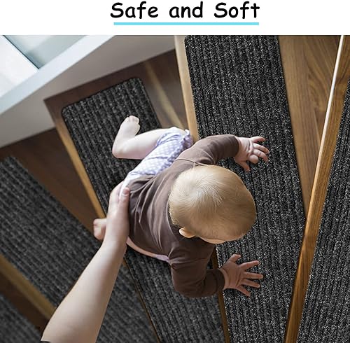 Miniatura 8 de HengLiSam Alfombras antideslizantes de 8 x 30 pulgadas (paquete de 2), escaleras de interior para peldaños de madera, alfombras para niños, ancianos