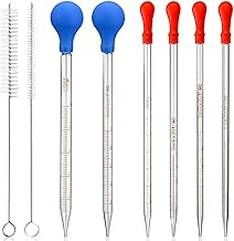 HATANSE 6 Pièces Pipettes en Verre, Pipette Graduée en Verre, Compte-Gouttes, Pipette Dropper 0,5ml 1ml 2ml 3ml 5ml 10ml avec 2 pcs Brosse Nettoyage pour Laboratoire Expériences Chimiques