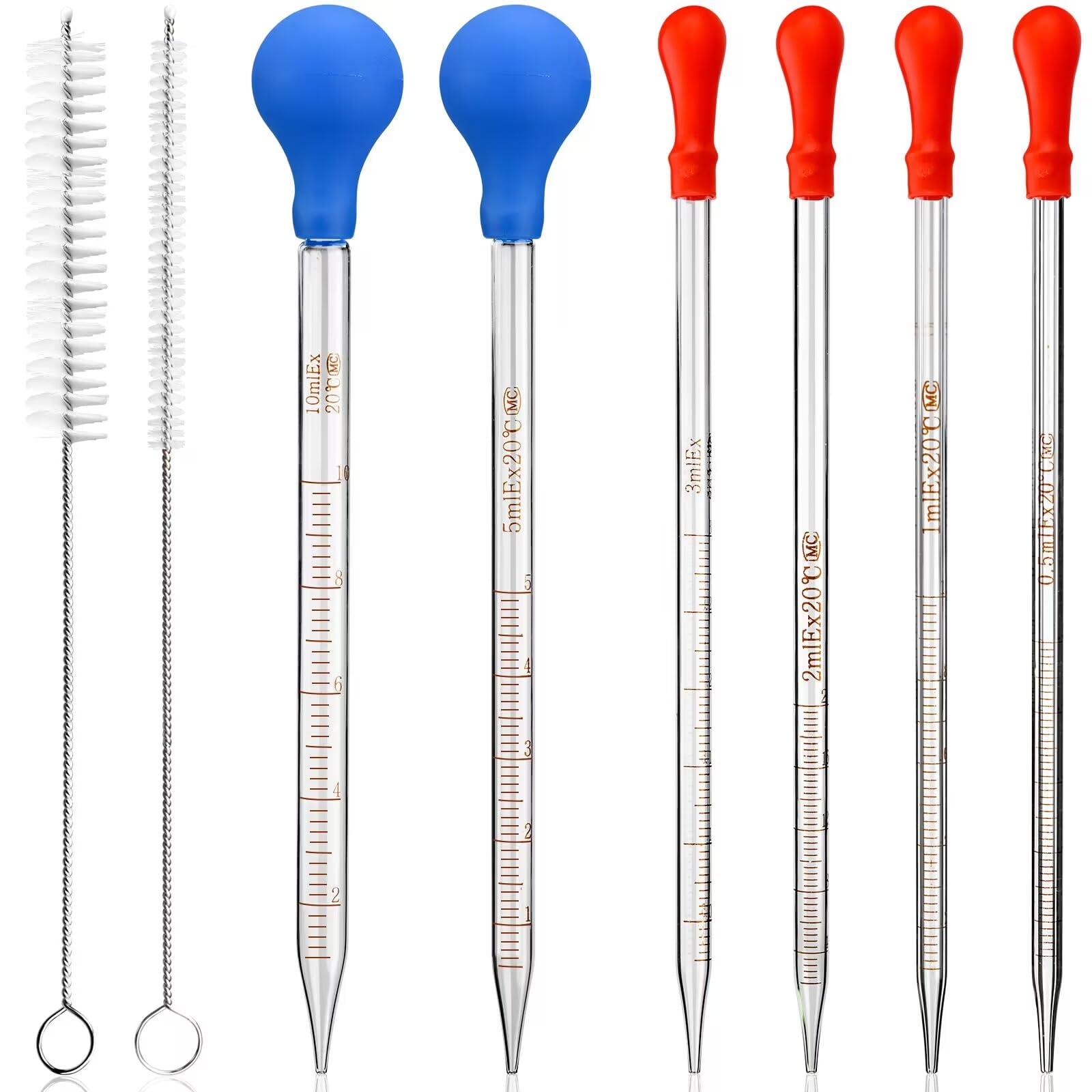 6 sztuk szklanych pipet 0,5 ml 1 ml 2 ml 3 ml 5 ml 10 ml pipety | Pipeta szklana, pipeta transferowa, pipeta szklana, pipety pomiarowe z 2 szczotkami do kropli