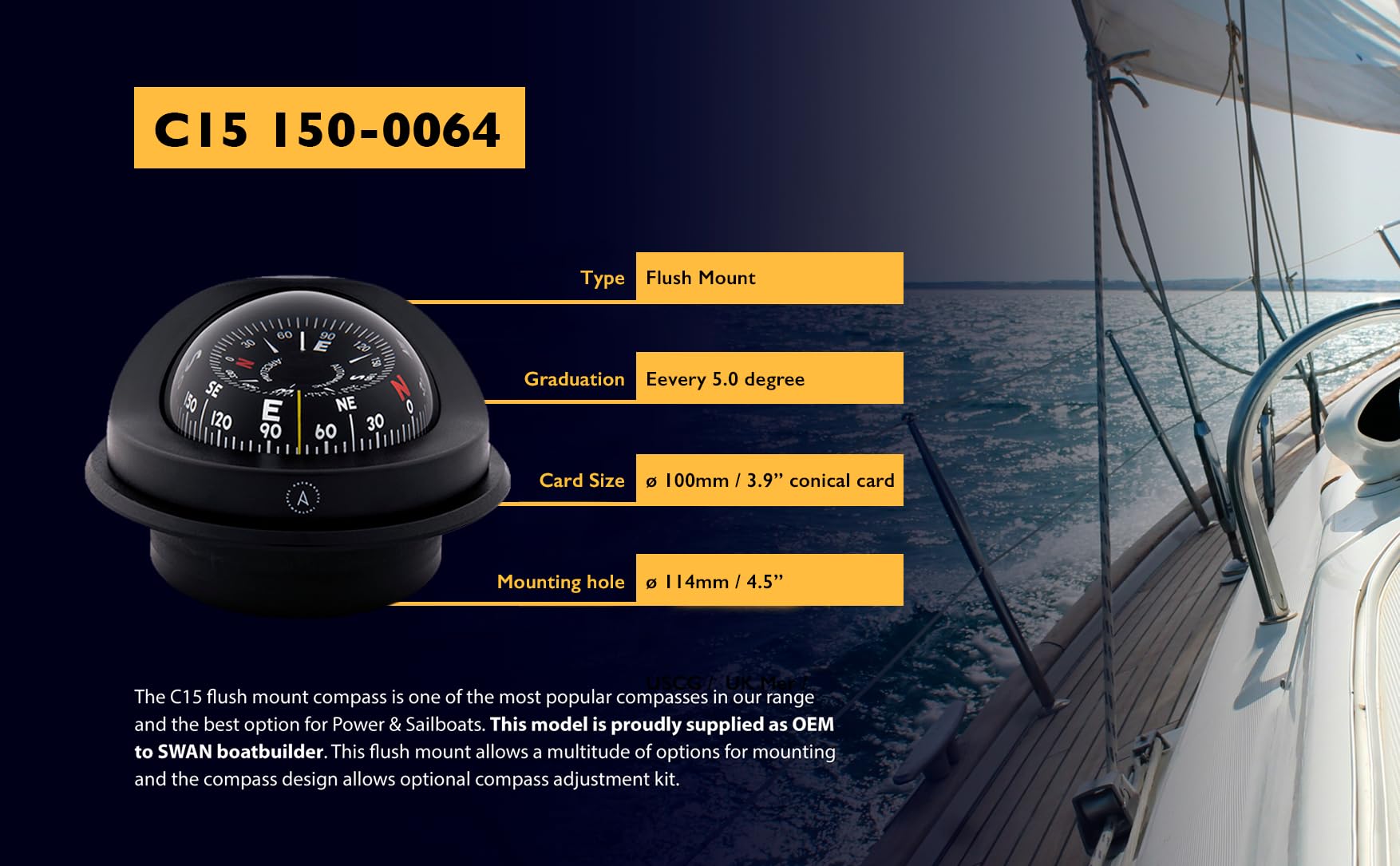 Autonautic - Bussola da incasso - C15 150-0064 - Bussola per barca a vela o motore - Quadrante da 4" - Nero - Foro di montaggio 123mm - Made in Europe