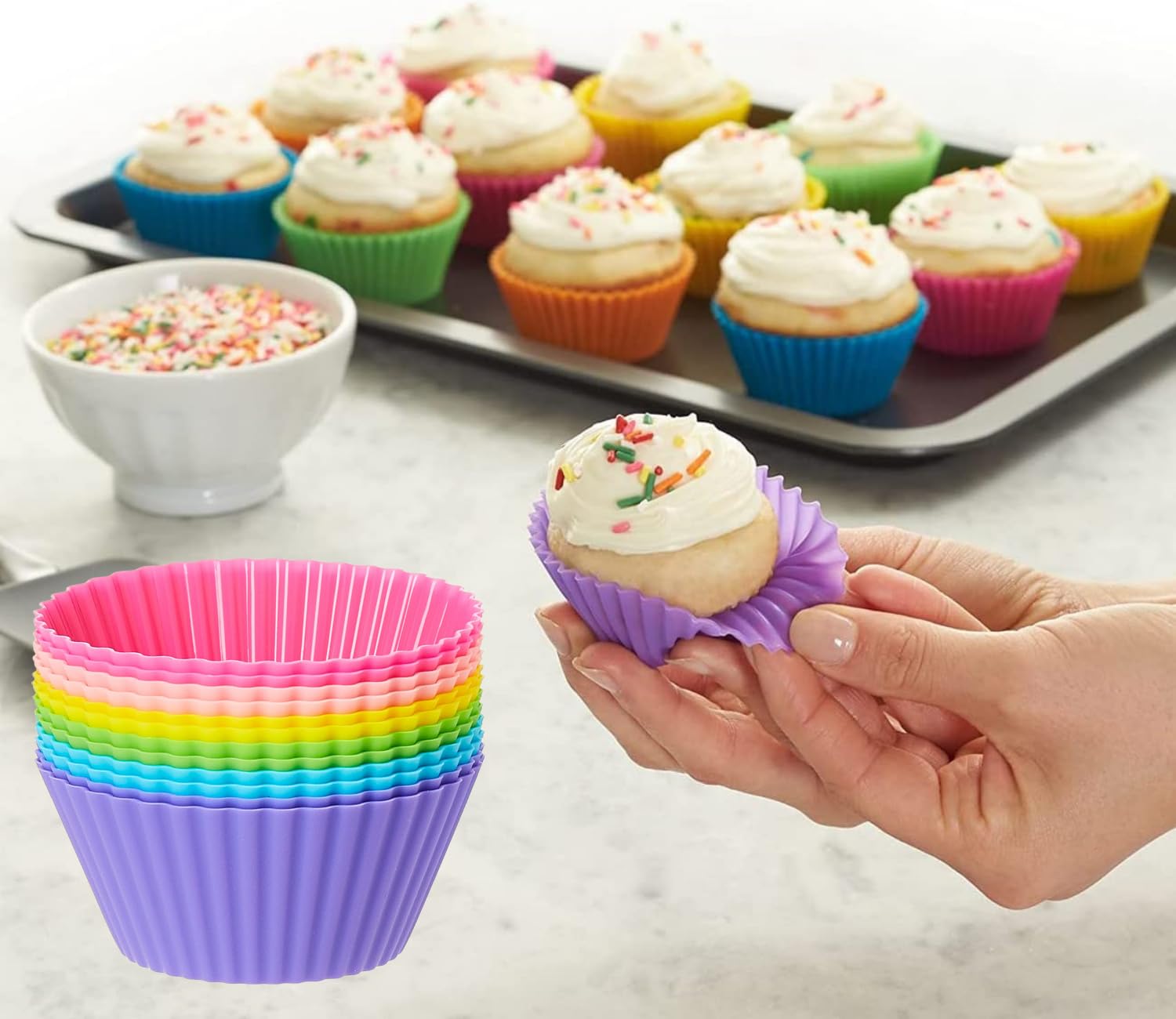 SKY-TOUCHSilicone Cupcake Liners 12Pcs, Reusable Baking Cups Non-Stick Cake Muffin Chocolate Cupcake Liner Baking Cup Mold, Multicolor
