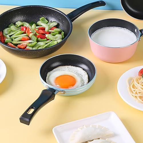 Miniatura 6 de Zoofen Sartén redonda de 4.7 pulgadas, sartén para huevos individuales, antiadherente, sartén para desayunar con mango largo (azul)