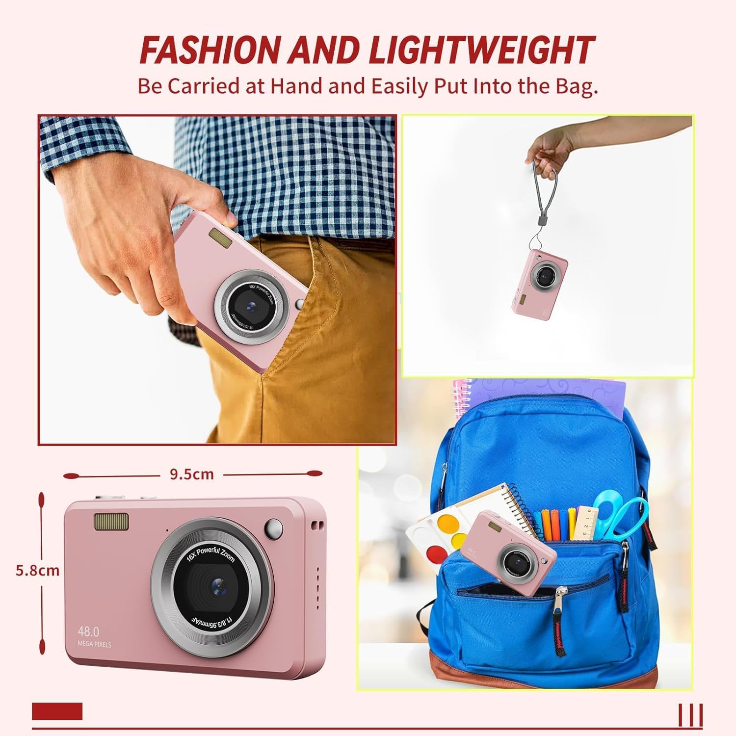 Appareil Photo Numérique FHD 1080p, Zoom 16x, Appareil Photo Compact avec Batterie De 1300 mAh, Écran De 2,4 Pouces,Appareils Photos Enfants Cadeau De Noël pour Enfants.