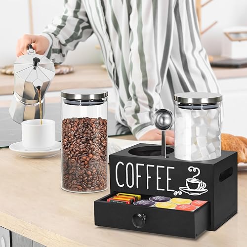 Miniatura 6 de Recipientes de café de vidrio con estante, contenedor de almacenamiento de granos de café con tapas herméticas, contenedor de café para café molido,