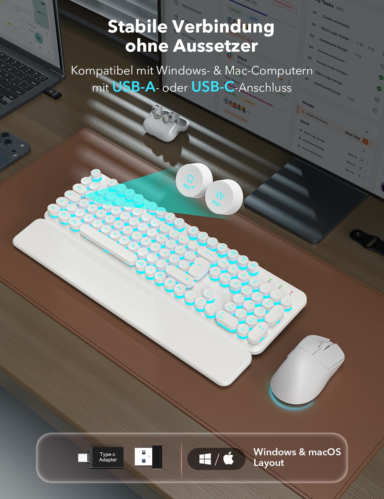 Sablute Tastatur Maus Set Kabellos QWERTZ mit beleuchteten Rundtasten | 105 Tasten, 7 Lichtfarben, magnetische Handballenauflage, USB-C aufladbar, 2,4 GHz USB Empfänger, 6-Tasten-Maus